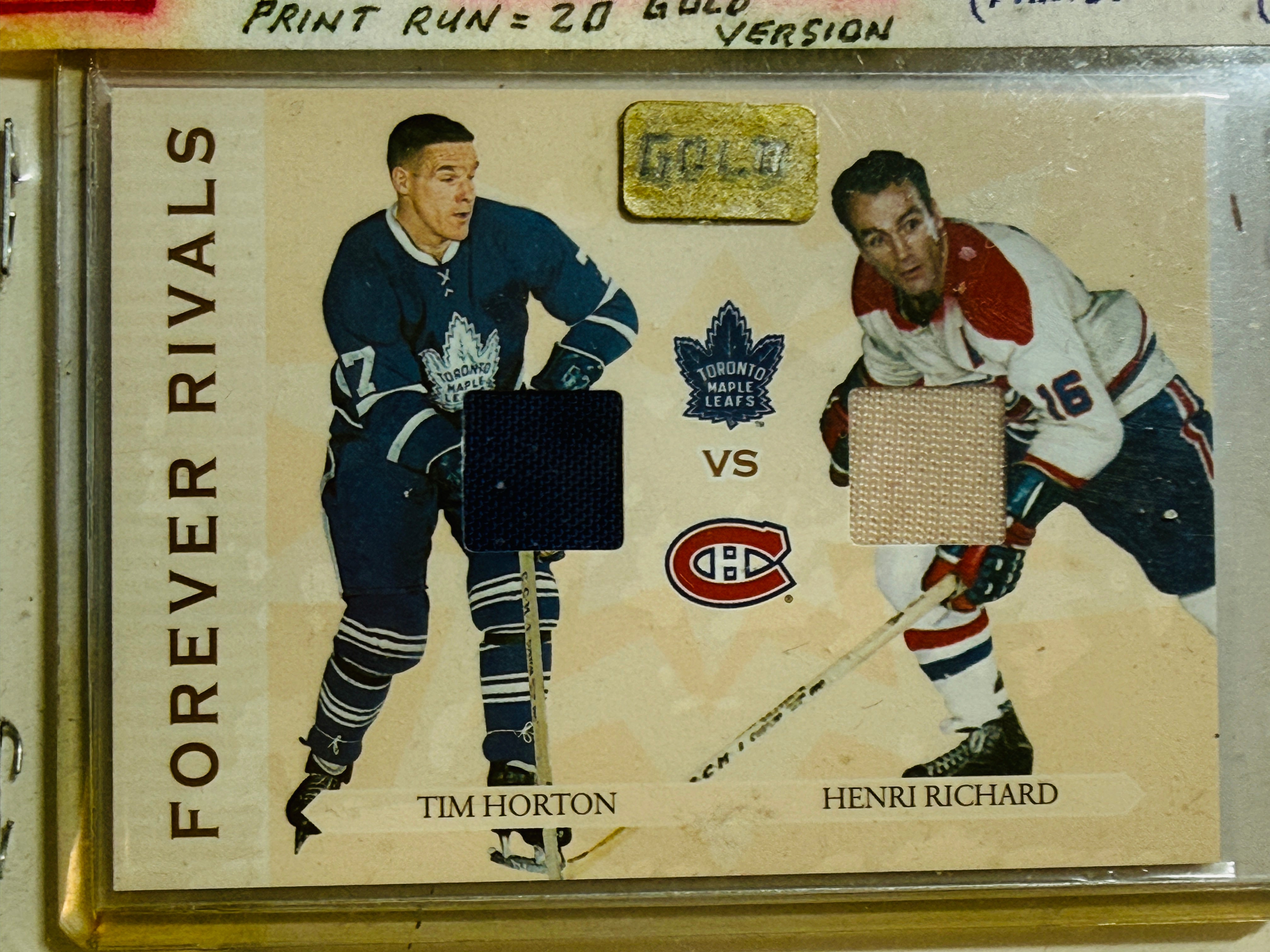 Tim Horton and Henri Richard rare double memorabilia hockey rare Gold version insert card