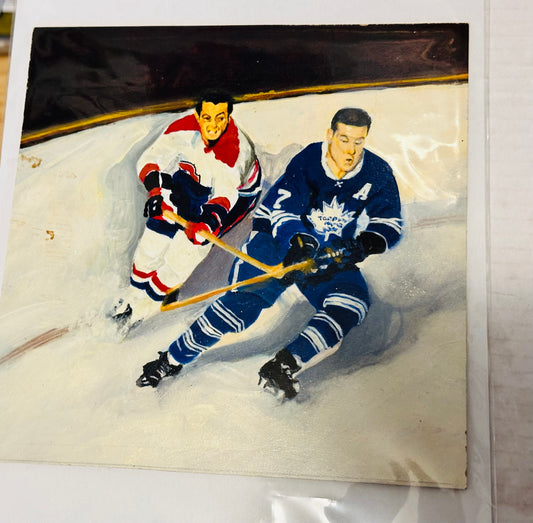 Tim Horton and Jean Beliveau very rare Ceramic hand painted 6x5 tile from H.M Cowan 1962-63