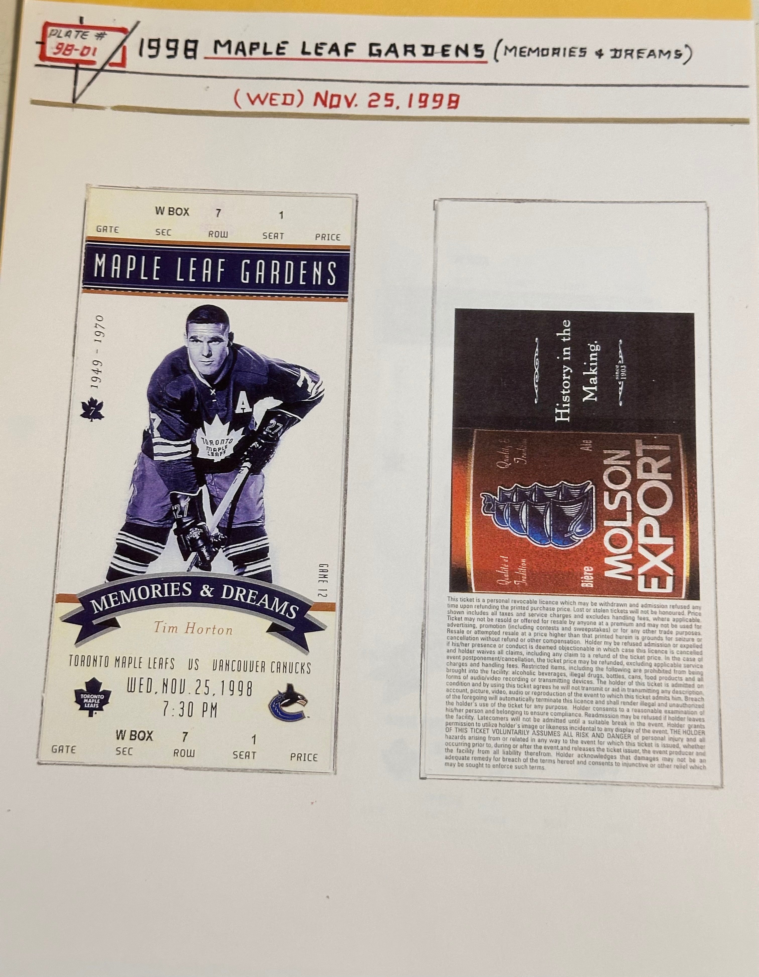 Tim Horton Maple Leaf Gardens original game ticket 1998
