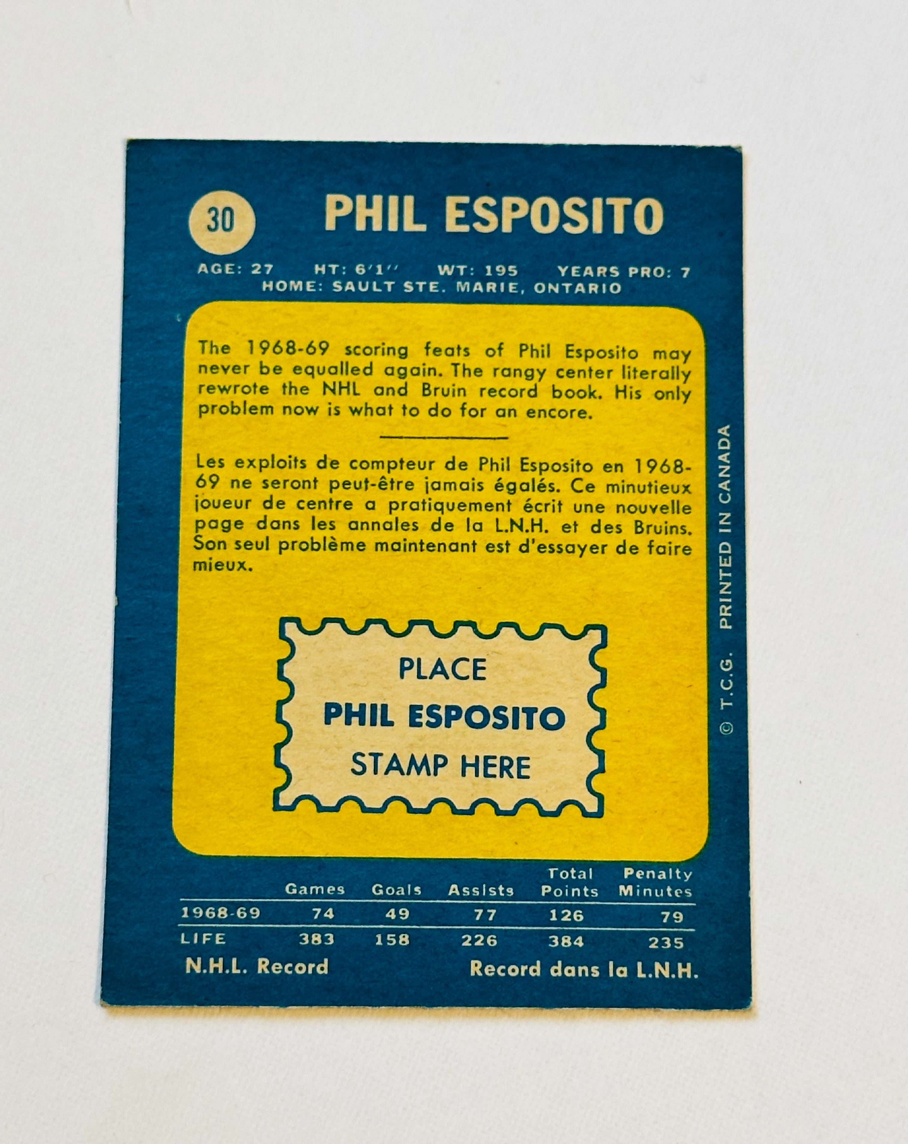 Phil Esposito Opc hockey card 1969