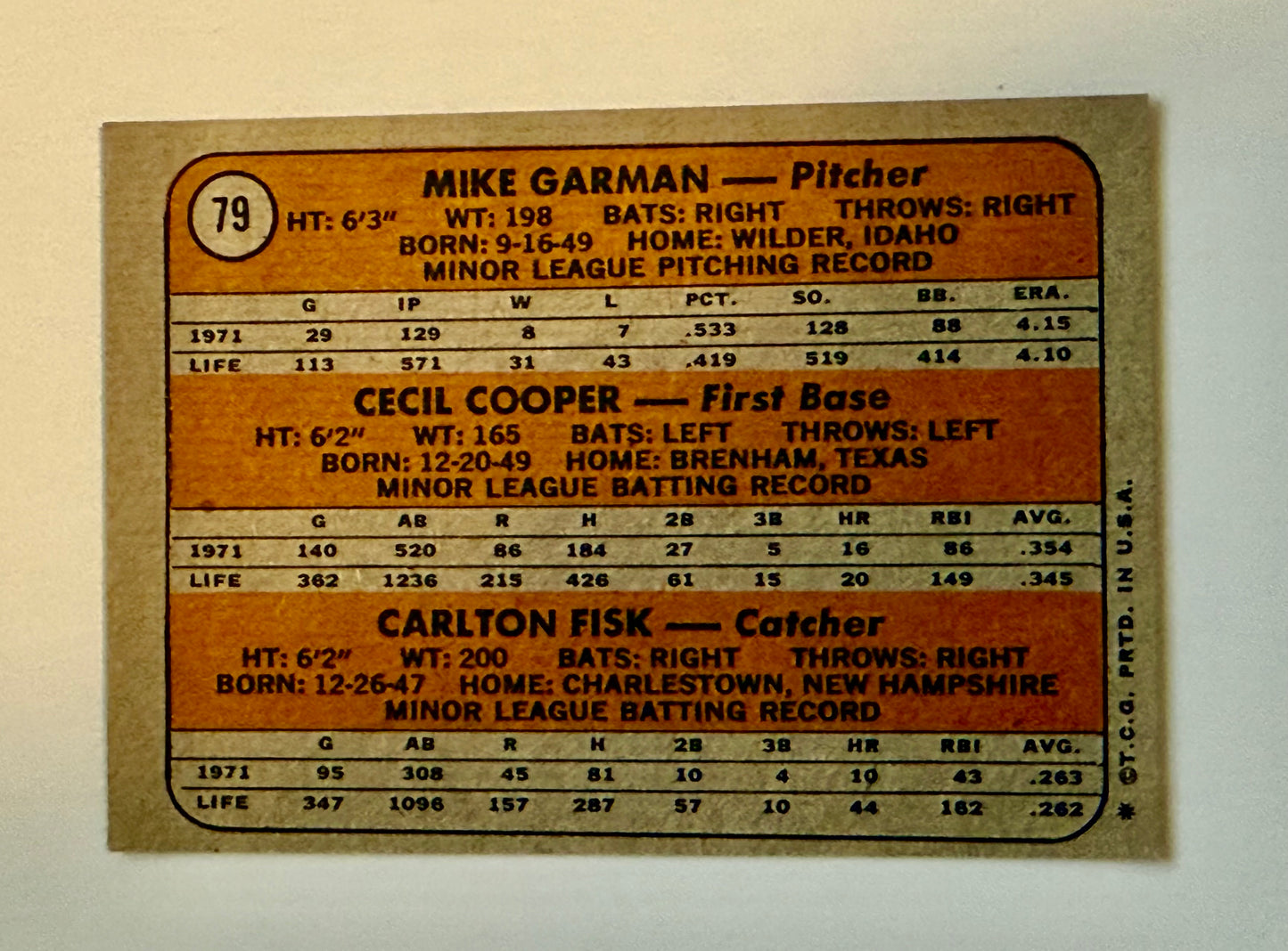 Carlton Fisk Topps high grade condition rookie baseball card 1972