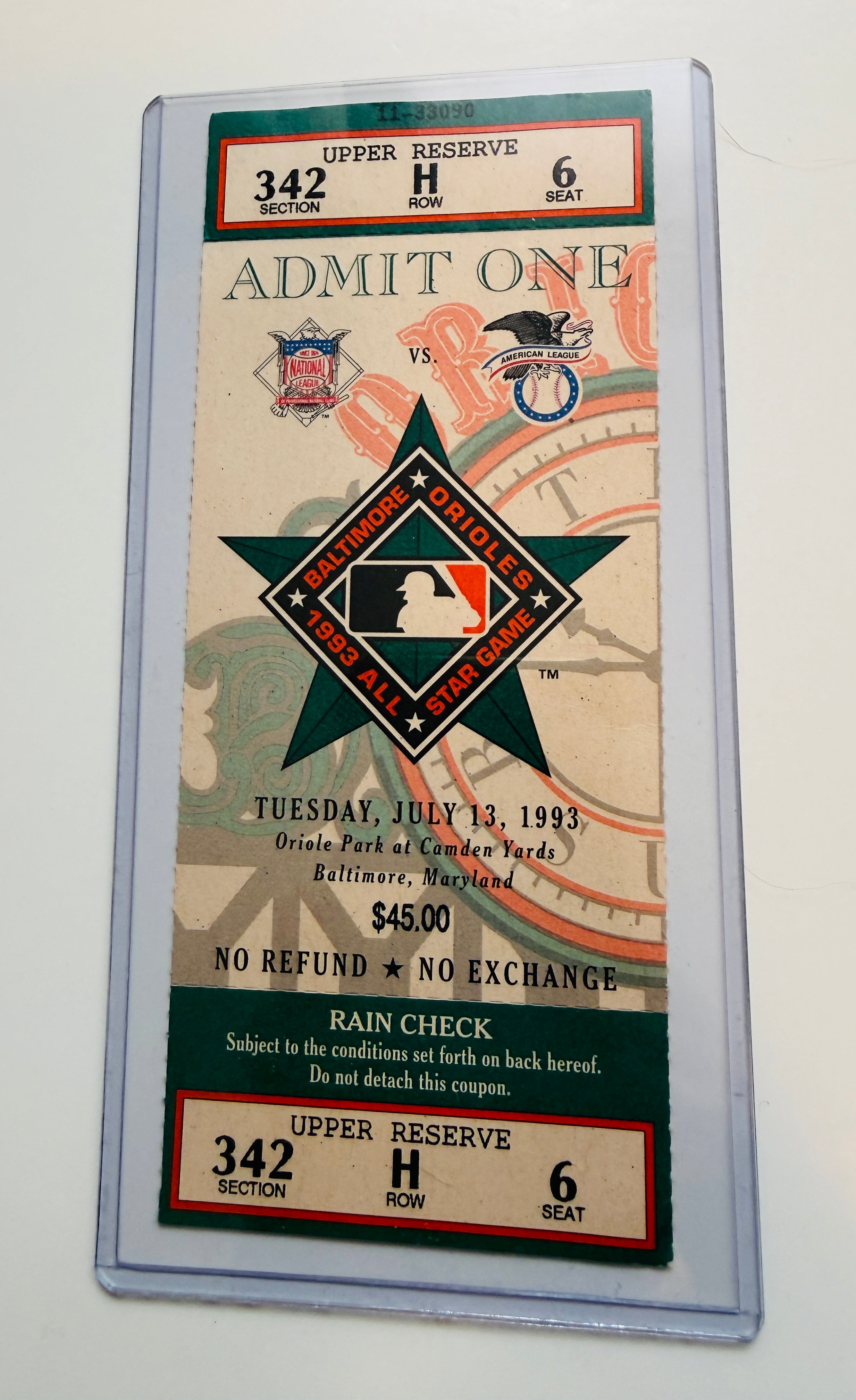 Baltimore Orioles rare vintage All-Star baseball game ticket 1993