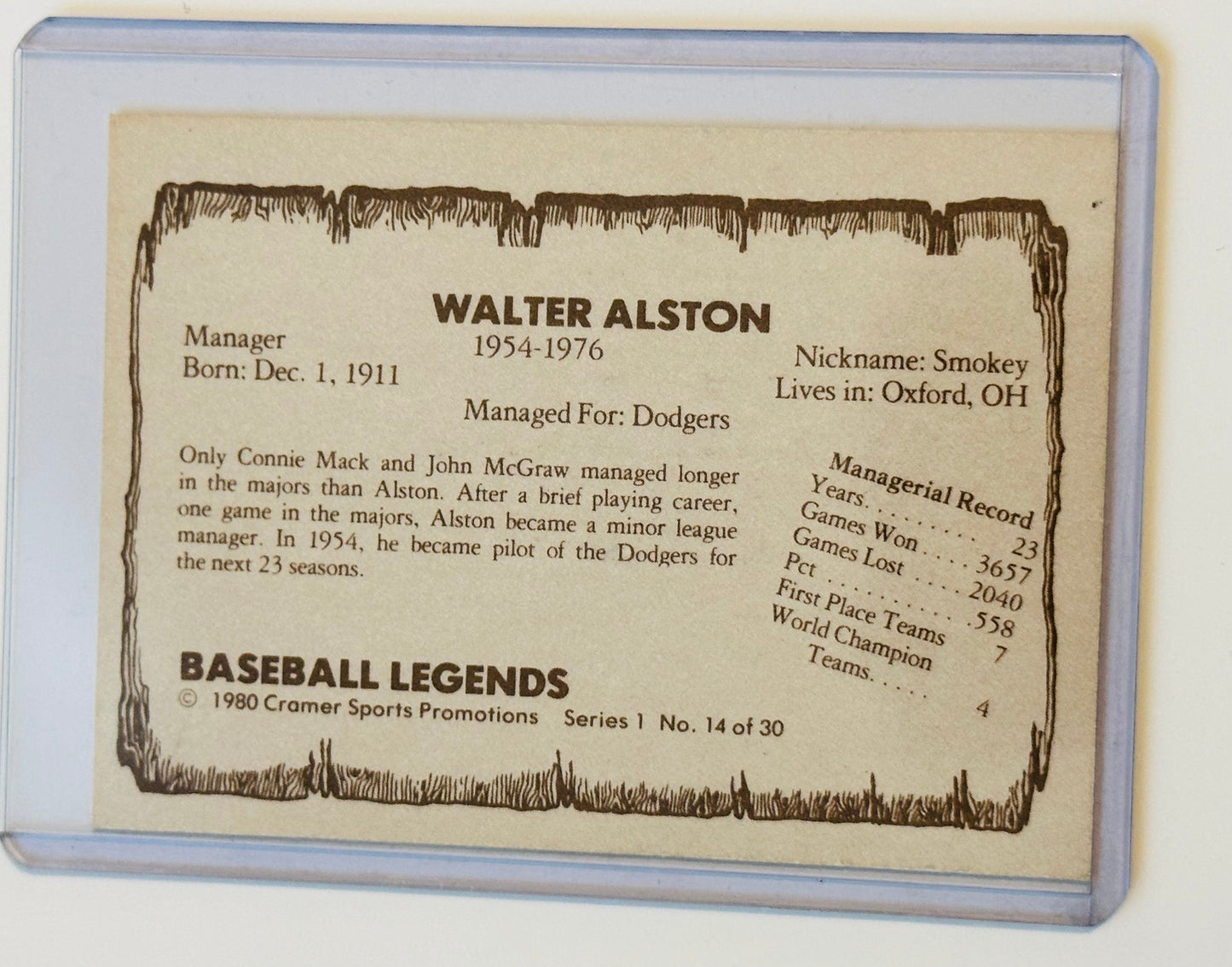 Walt Alston rare autograph baseball card with COA