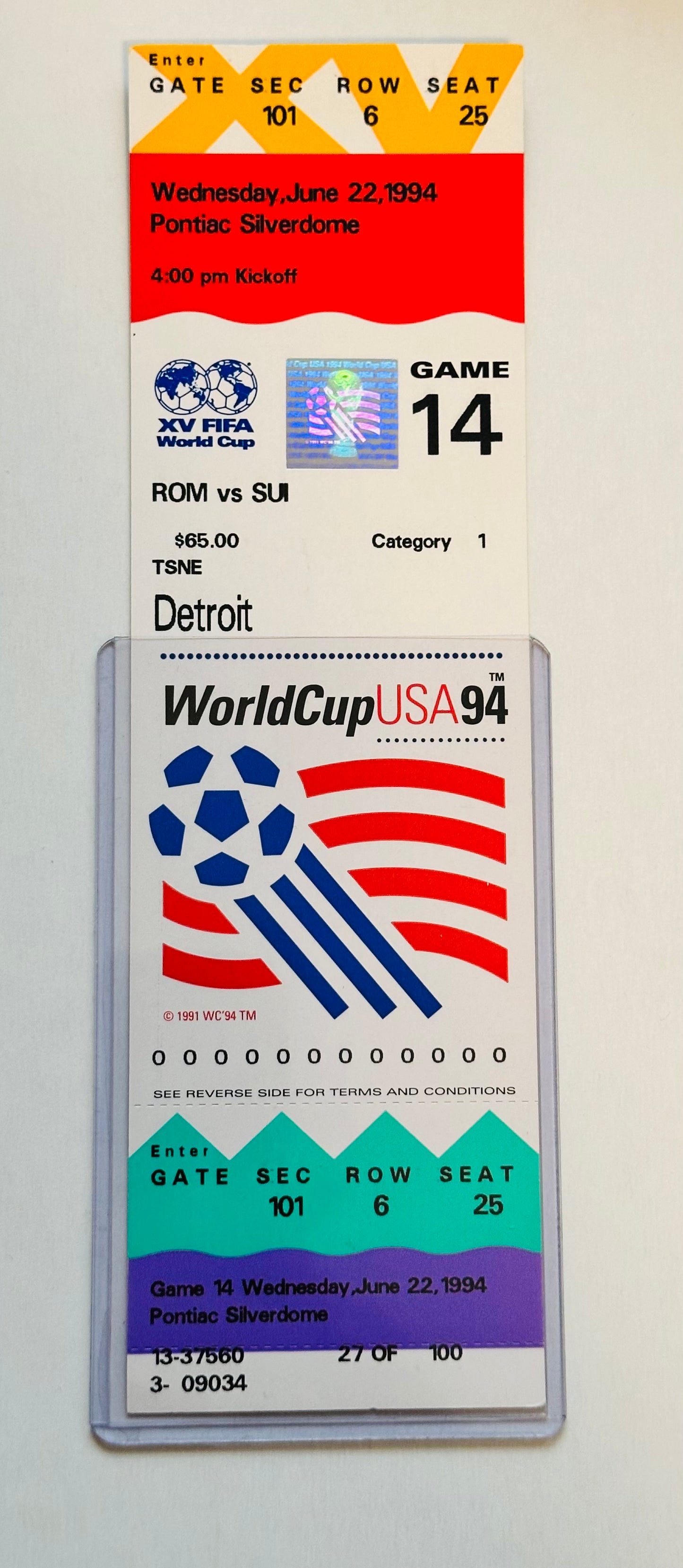 World Cup soccer game 14 Rome versus Switzerland original ticket 1994