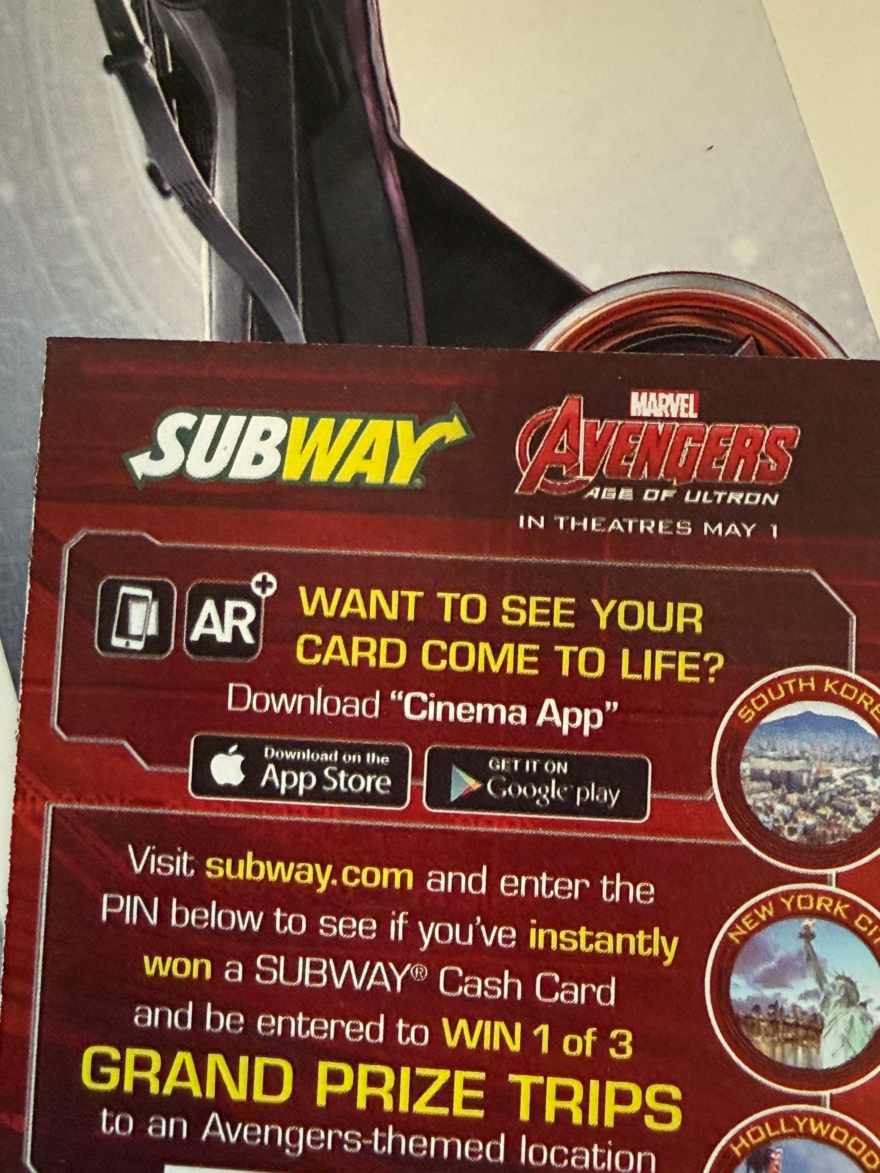 Avengers subway sandwich limited issued 6 cards set - Only in Canada 2015