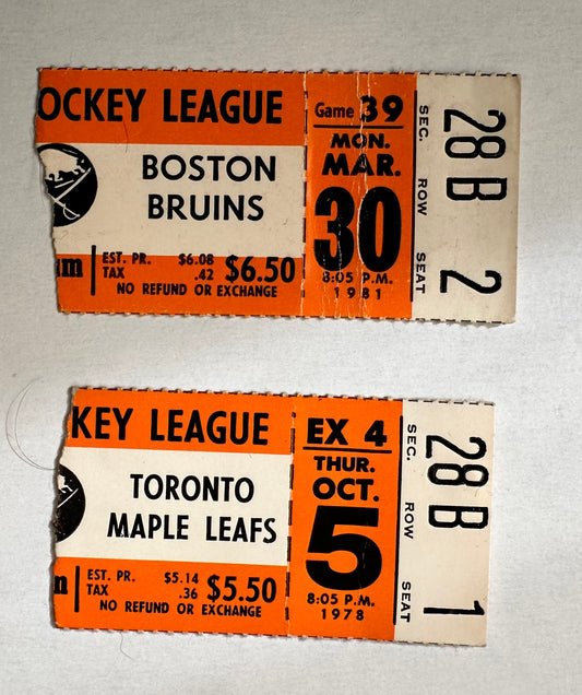 Toronto Maple Leafs versus Boston Bruins two vintage hockey game stubs 1981