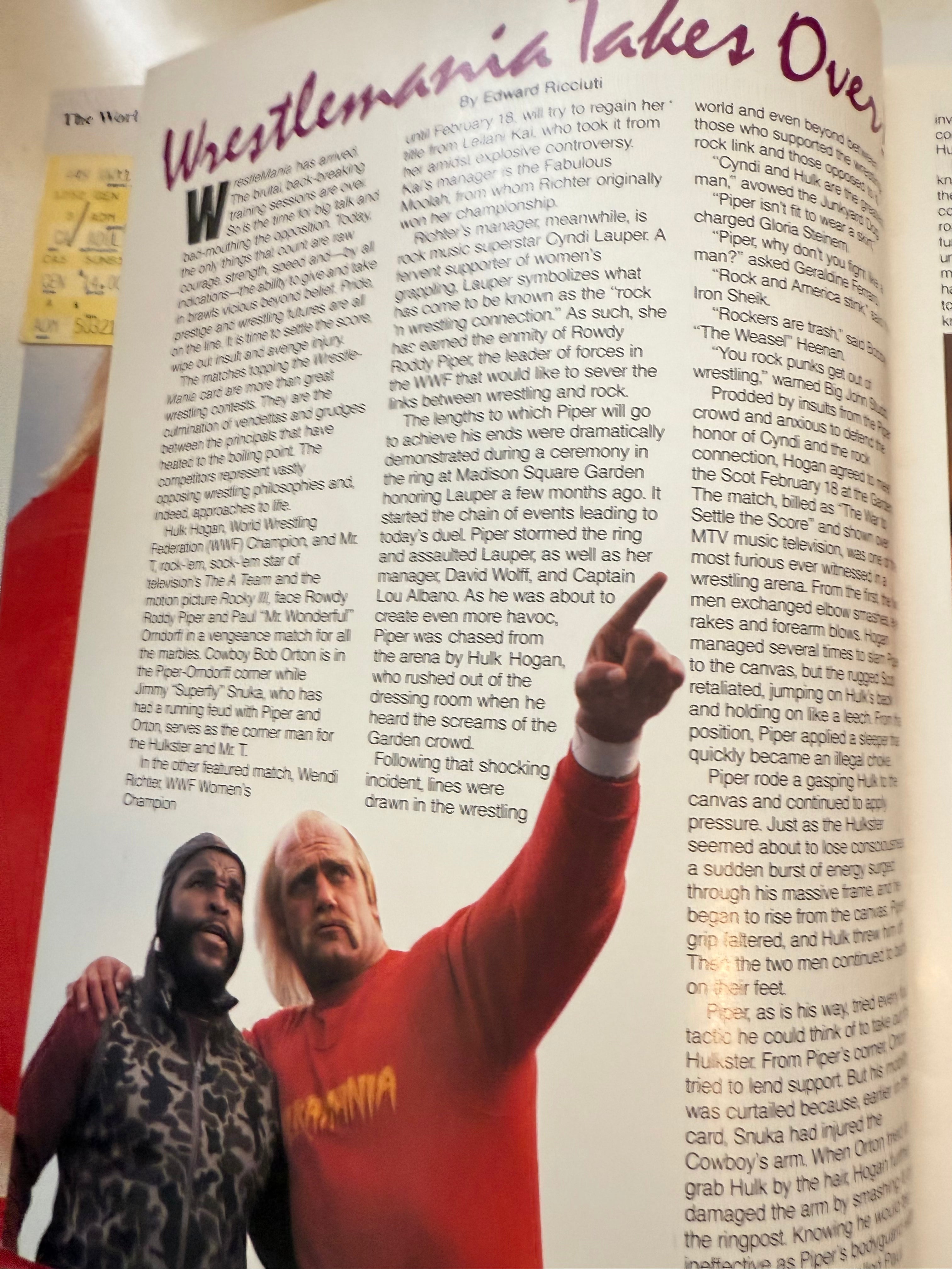 1985 wrestlemania, rare original first program with original ticket from this great event!