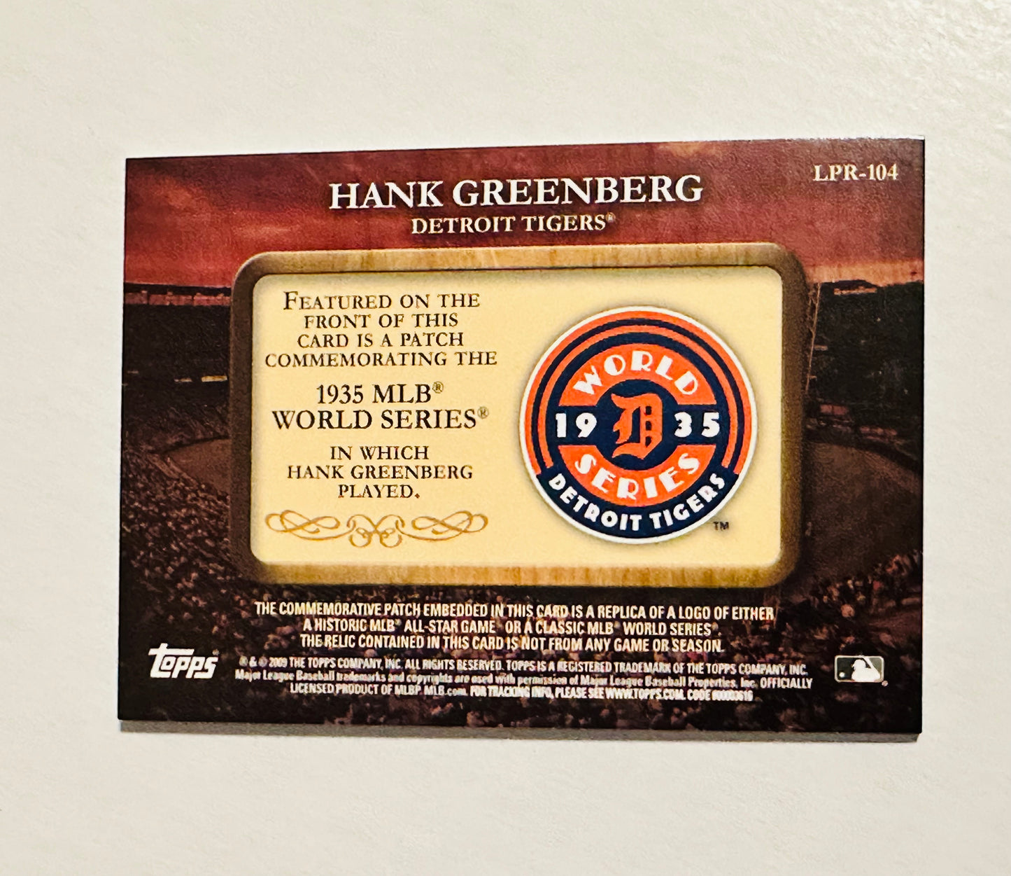 Hank Greenberg, Detroit Tigers topps baseball commemorative patch insert card 2009