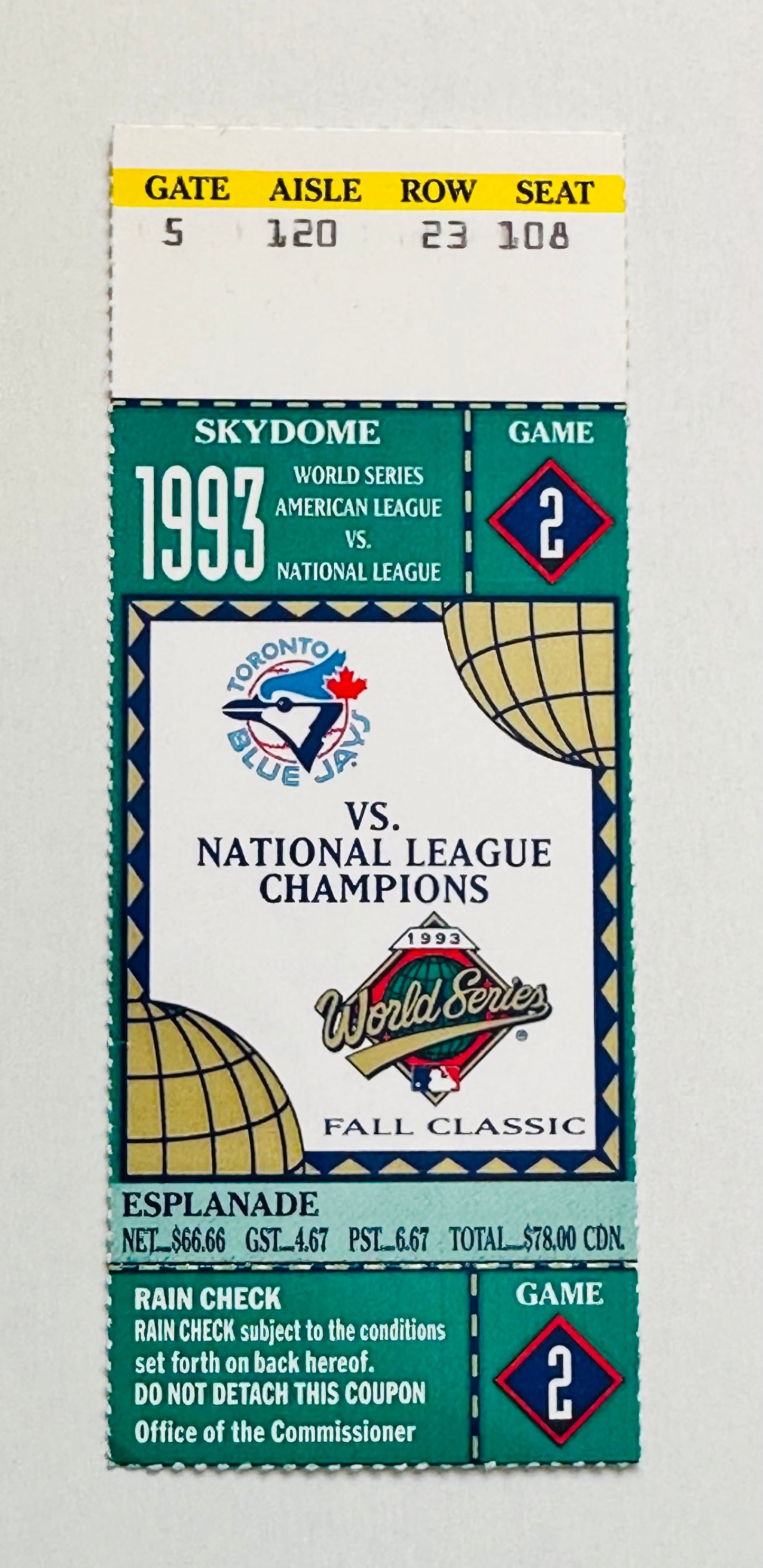 1993 World Series, Blue Jays game two baseball ticket