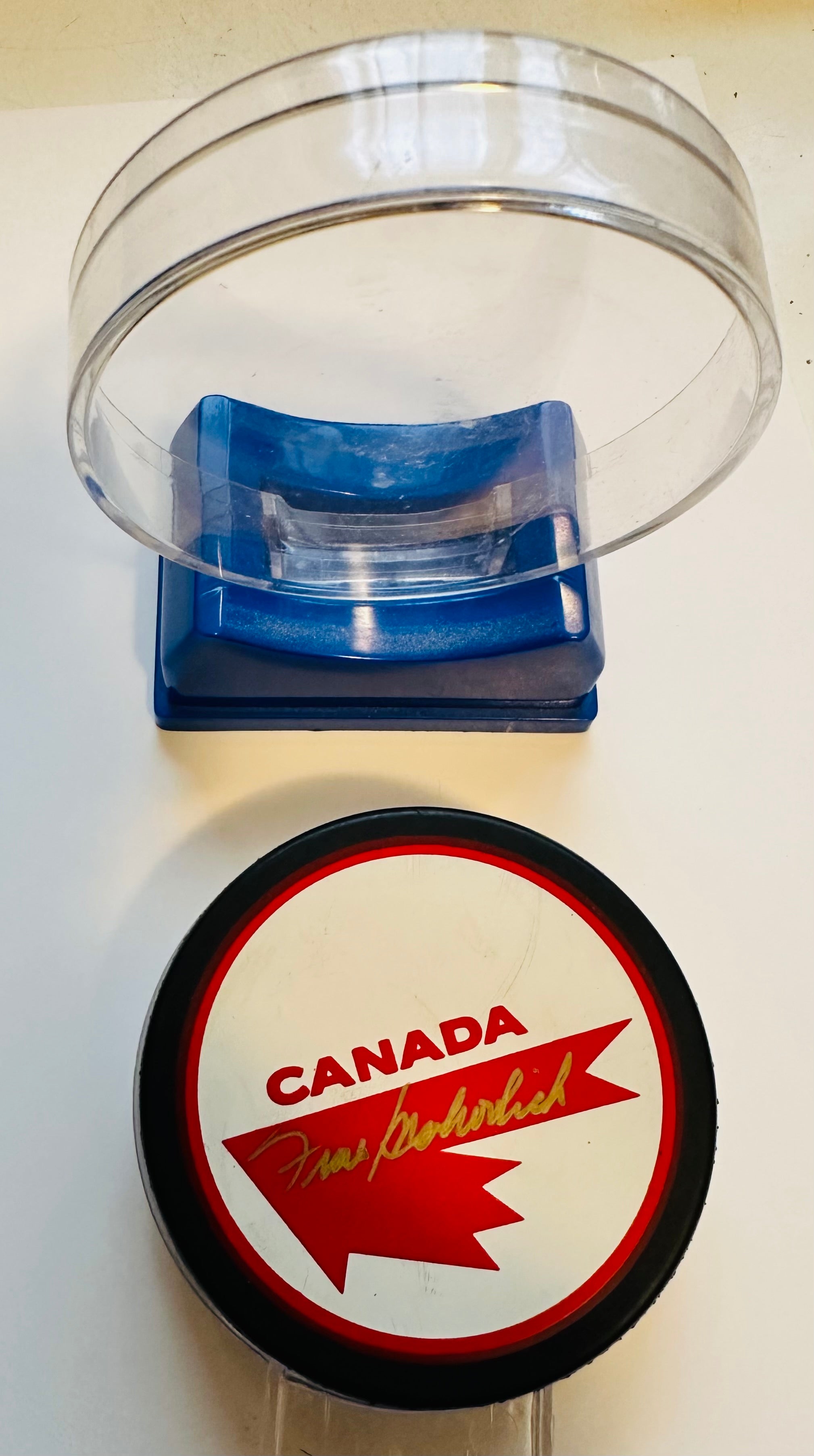 Team Canada Frank Mahovlich autograph puck with holder and COA