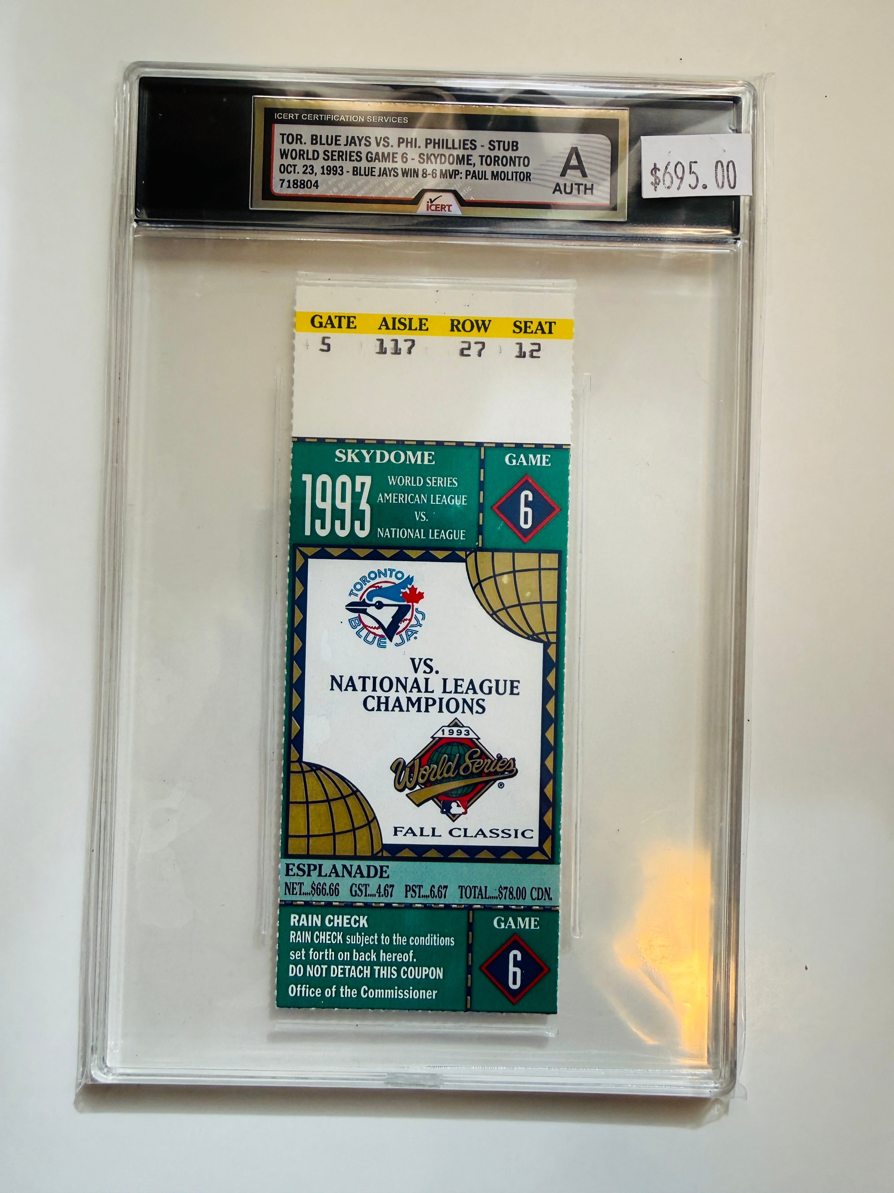 1993 Blue Jays baseball World Series game 6 graded game winning ticket