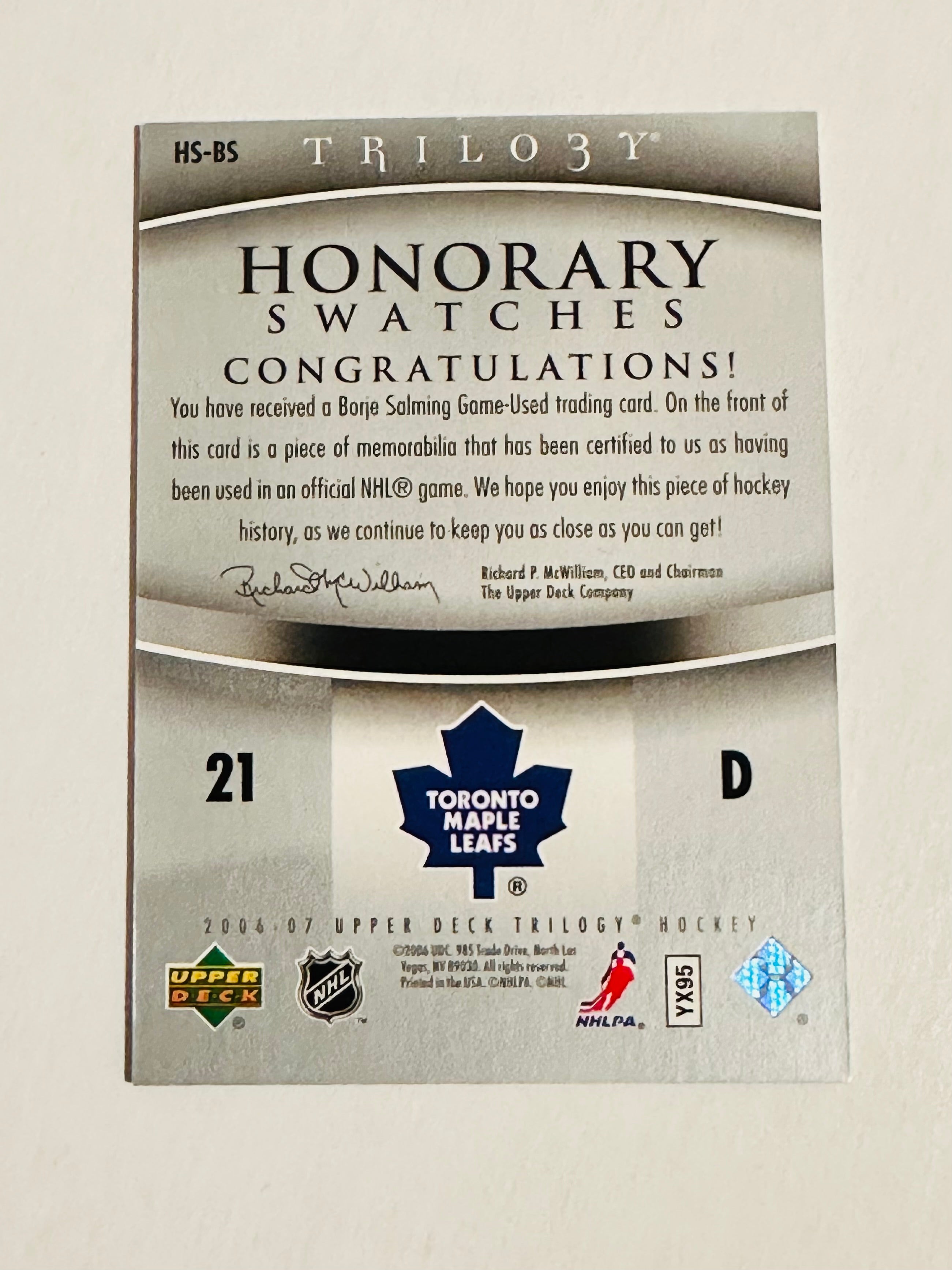 Borje Salming Toronto Maple Leaf legend hockey memorabilia insert card 2004