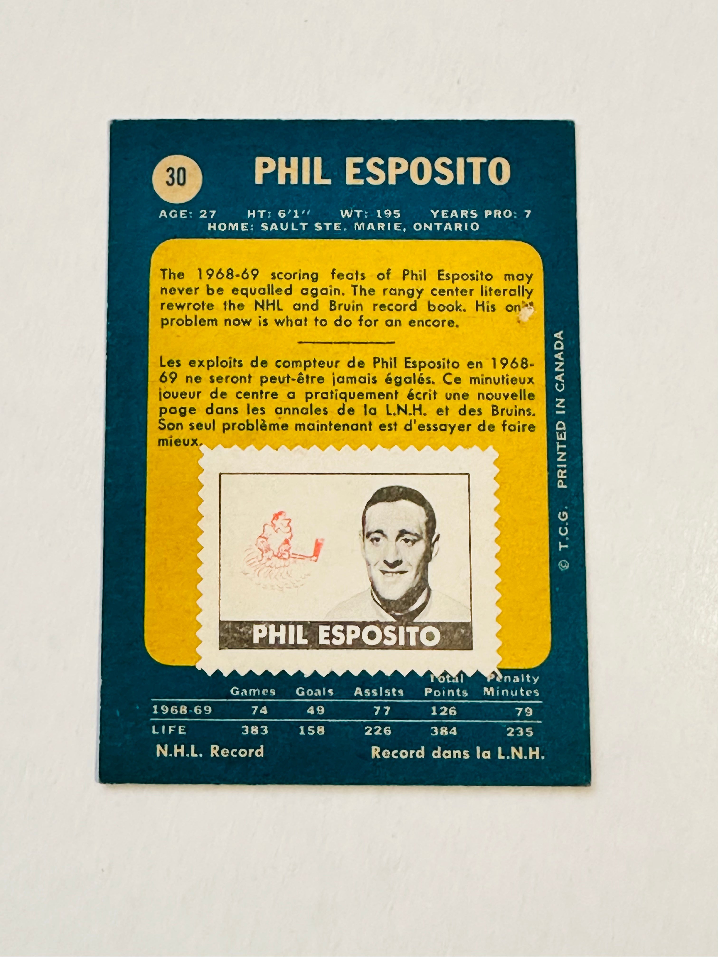 1969 Opc Phil Esposito hockey card with rare stamp on back