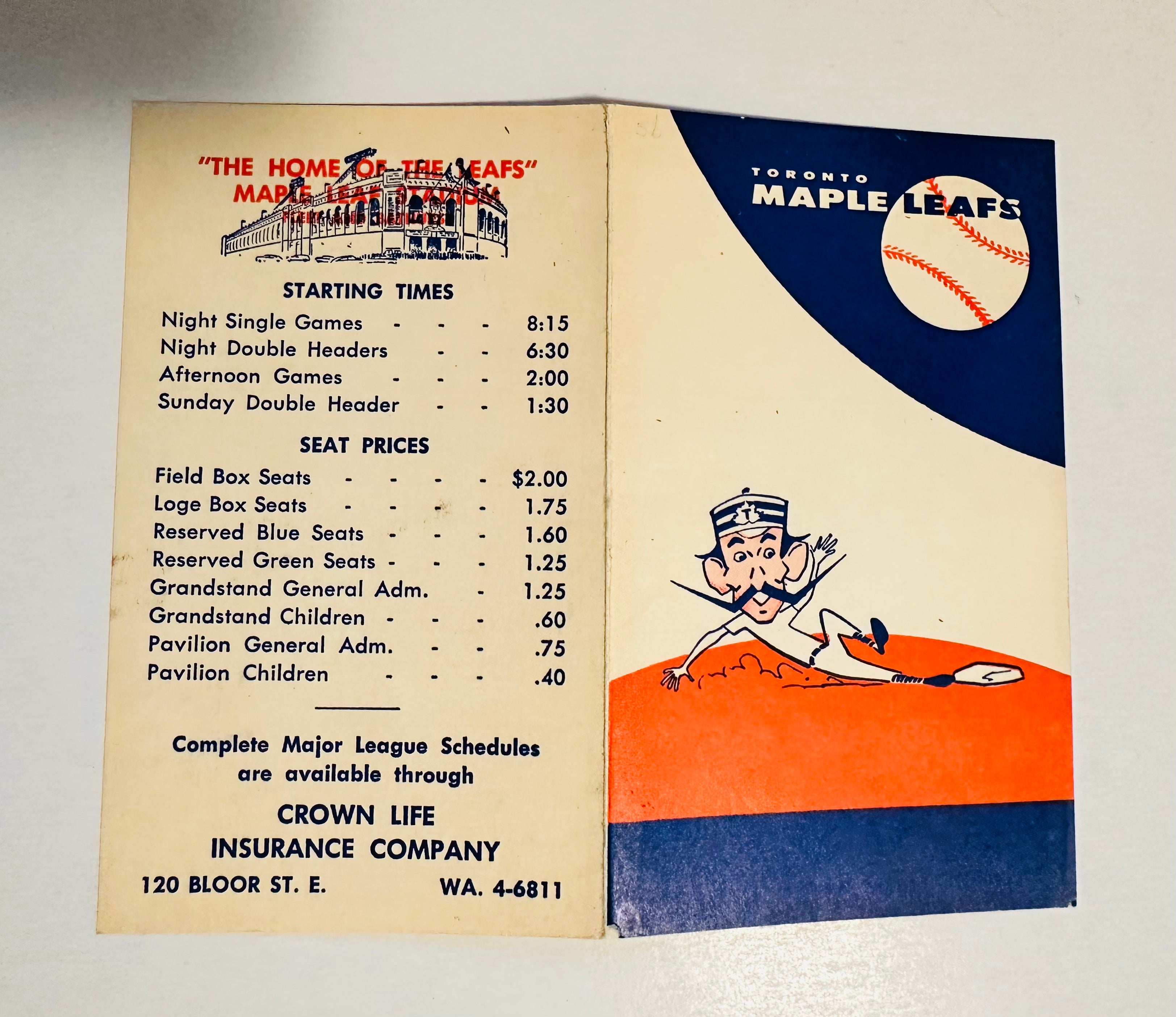 Toronto Maple Leafs baseball rare schedule 1956