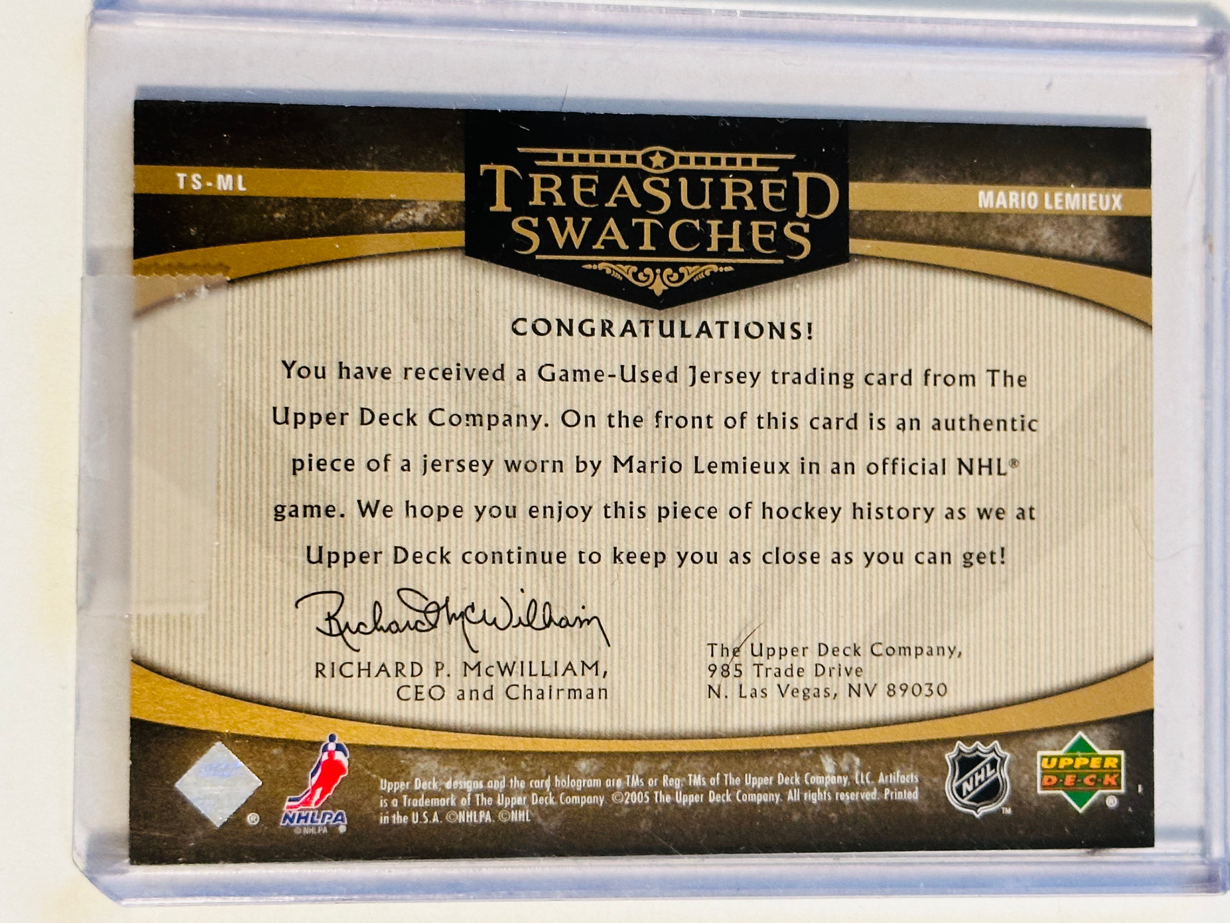 Mario Lemieux rare Upper Deck Treasure Swatches insert card numbered