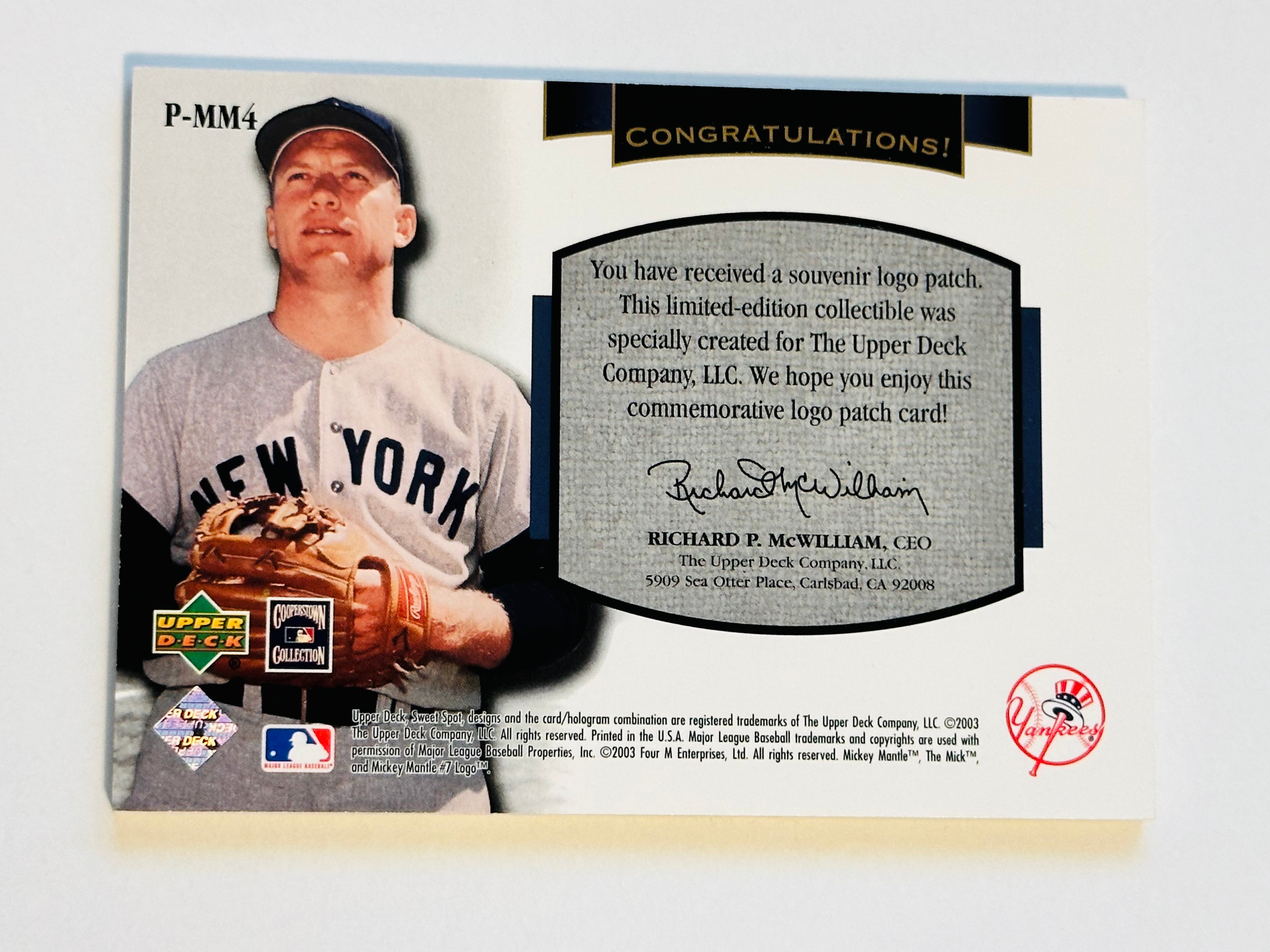 Mickey Mantle rare Souvenir logo patch Upper Deck insert card 2003