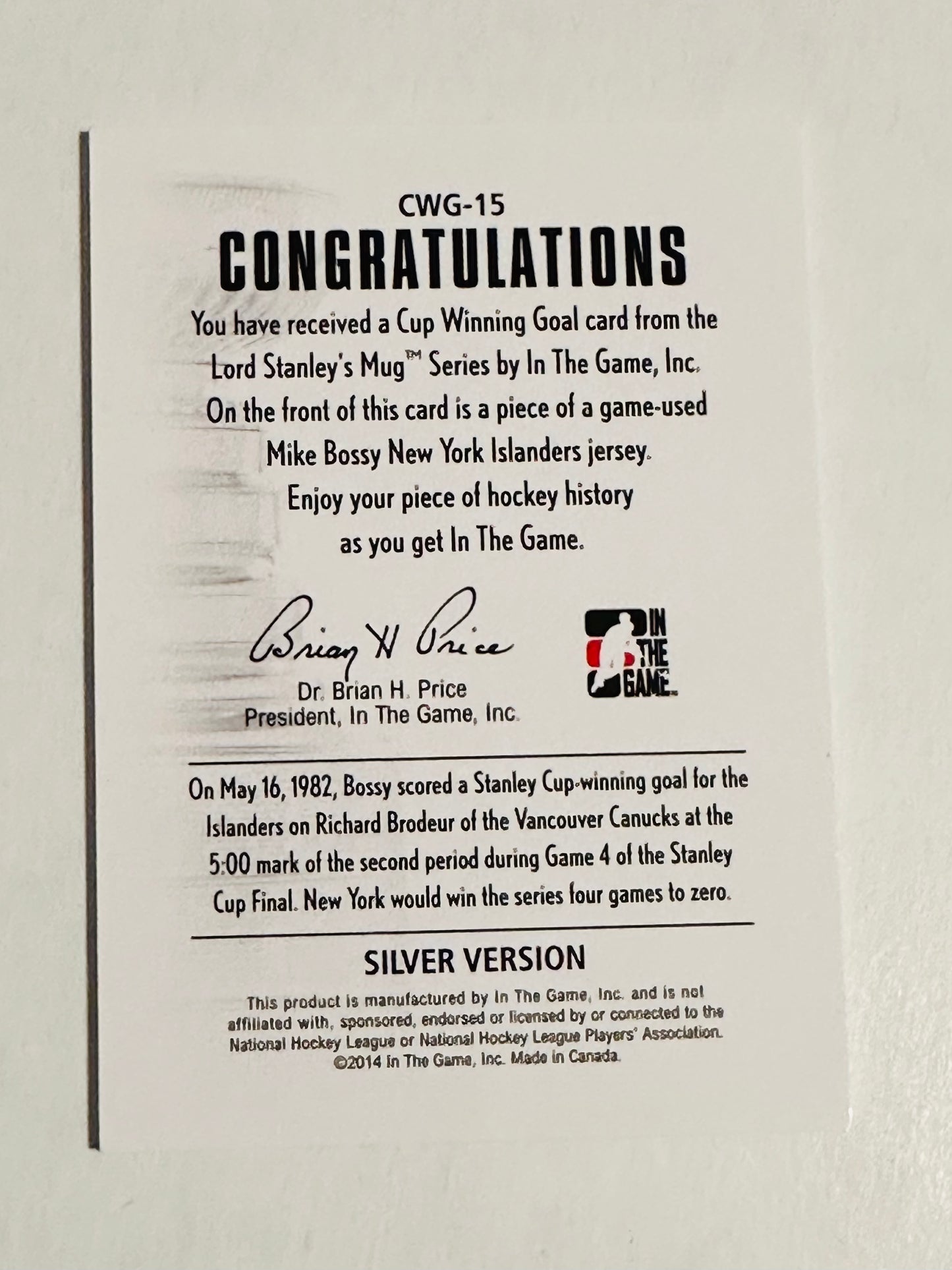 Mike Bossy cup, winning goal hockey memorabilia insert card, 2014