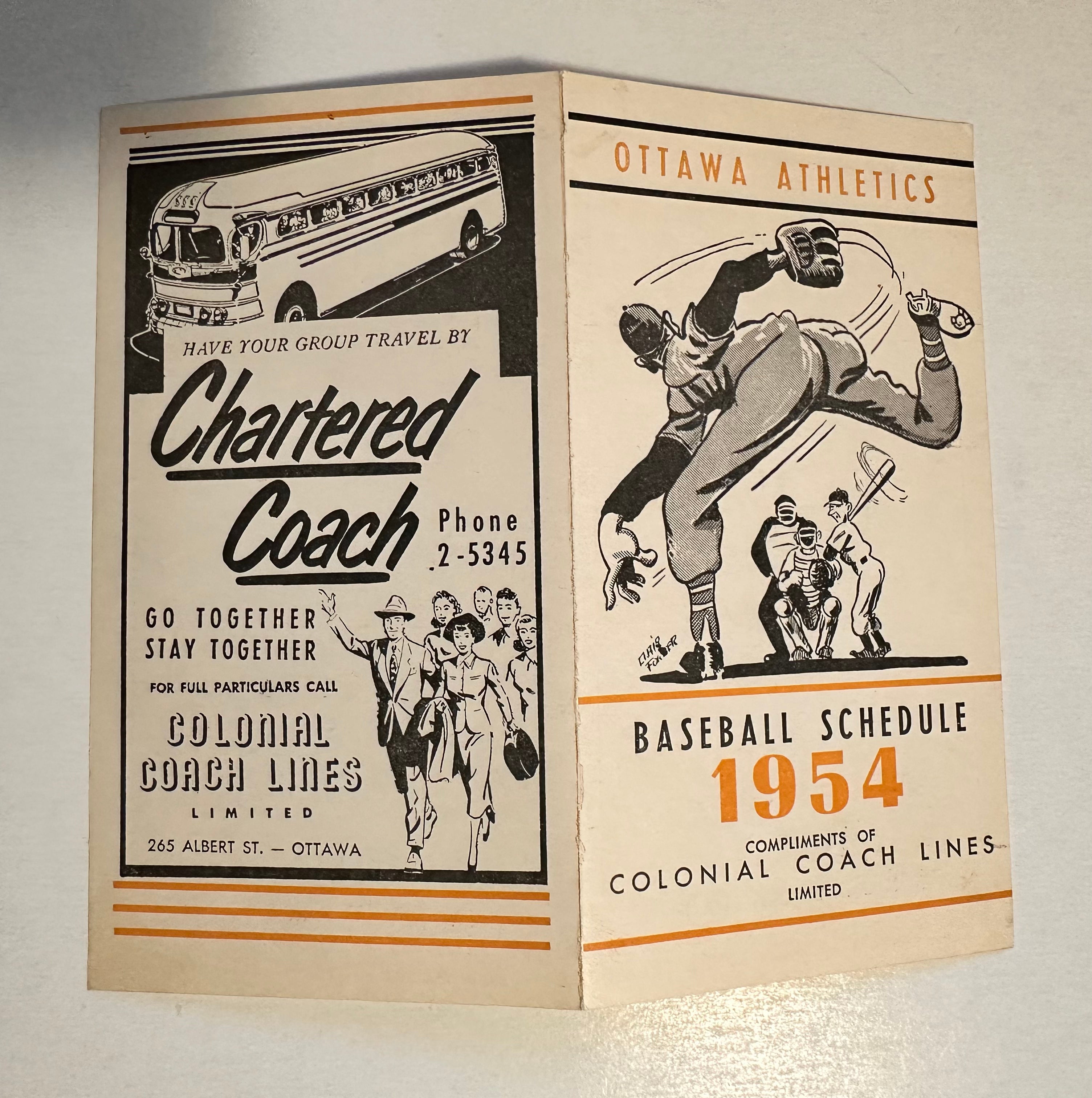 Ottawa athletics, rare baseball schedule, 1954
