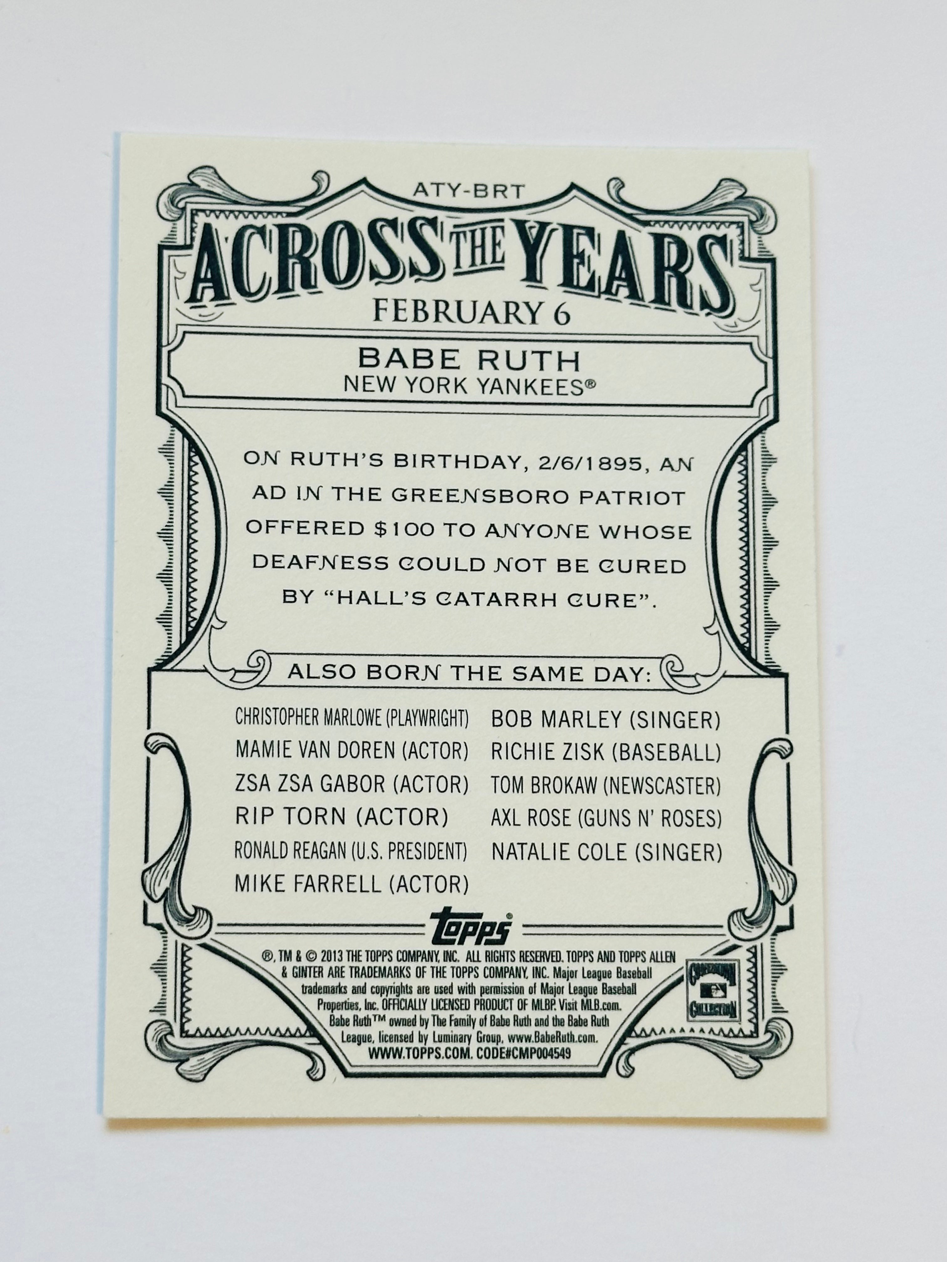 Babe Ruth across the years baseball insert card 2013