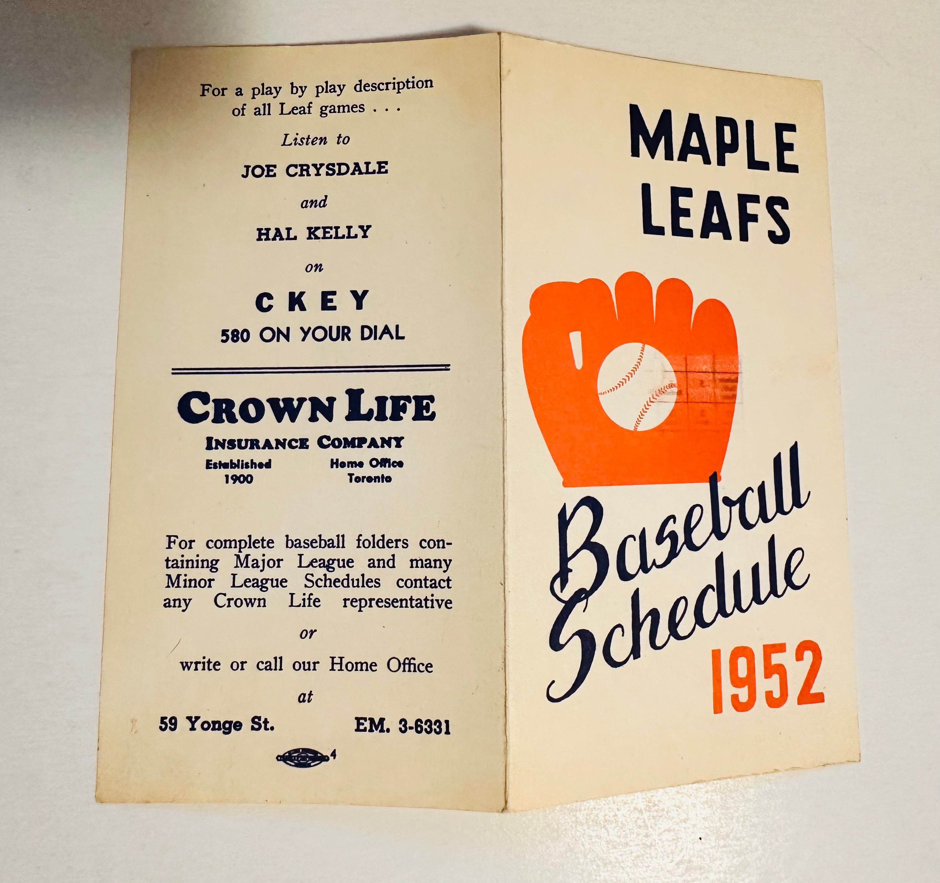 Toronto Maple Leafs baseball rare schedule 1952
