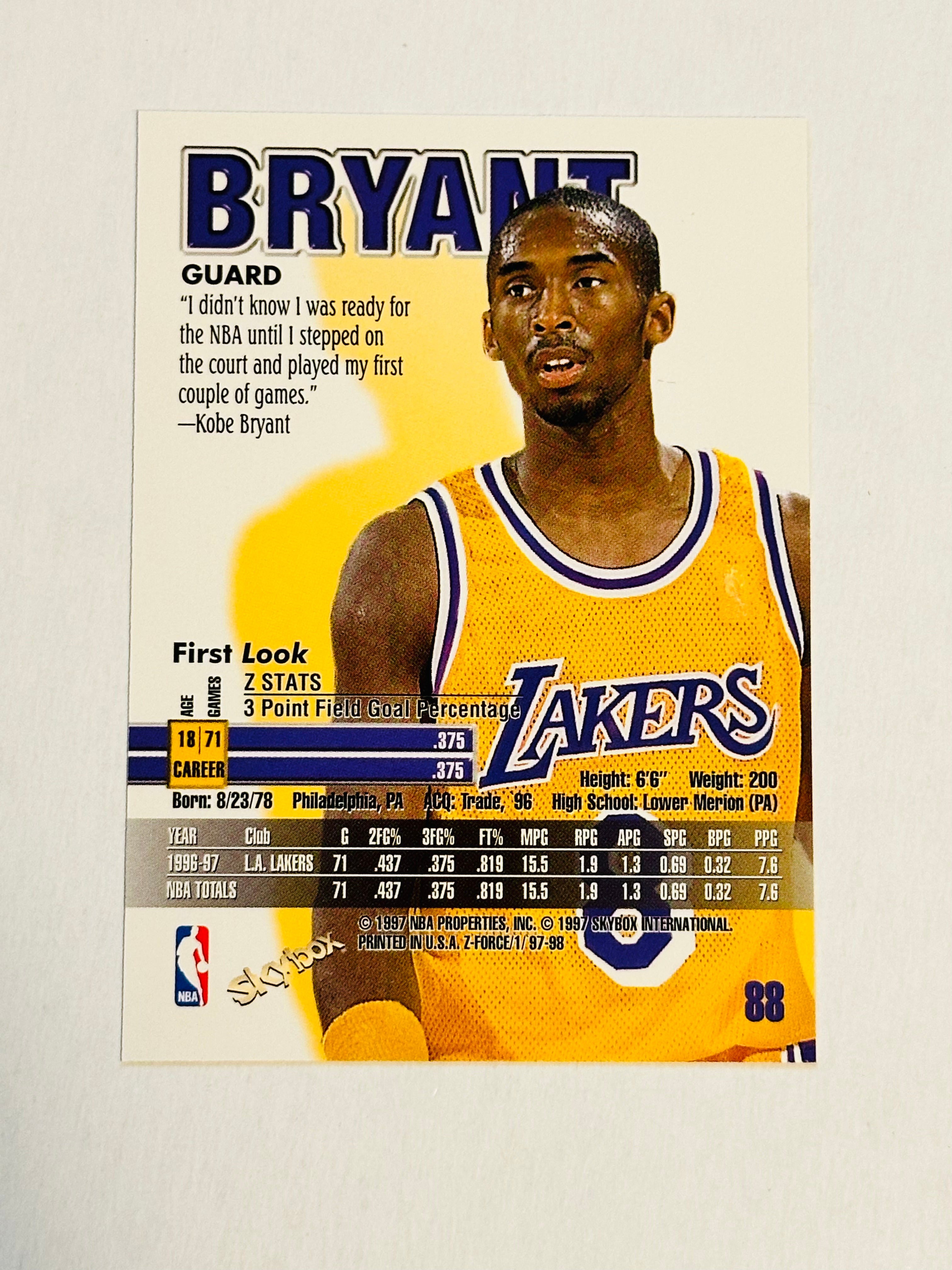 Kobe Bryant 2nd year Z force high grade basketball card 1997