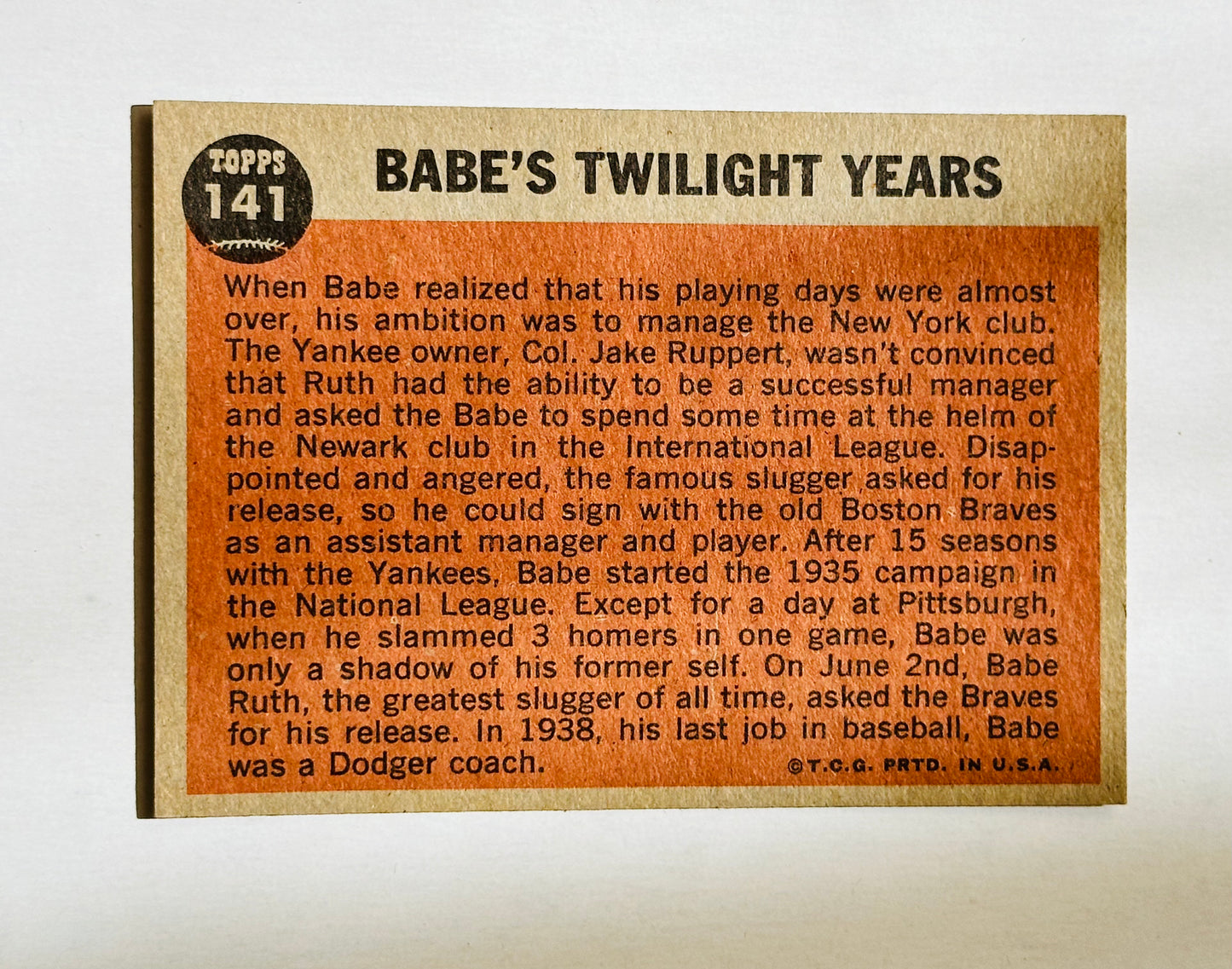 Babe Ruth Topps baseball card 1962