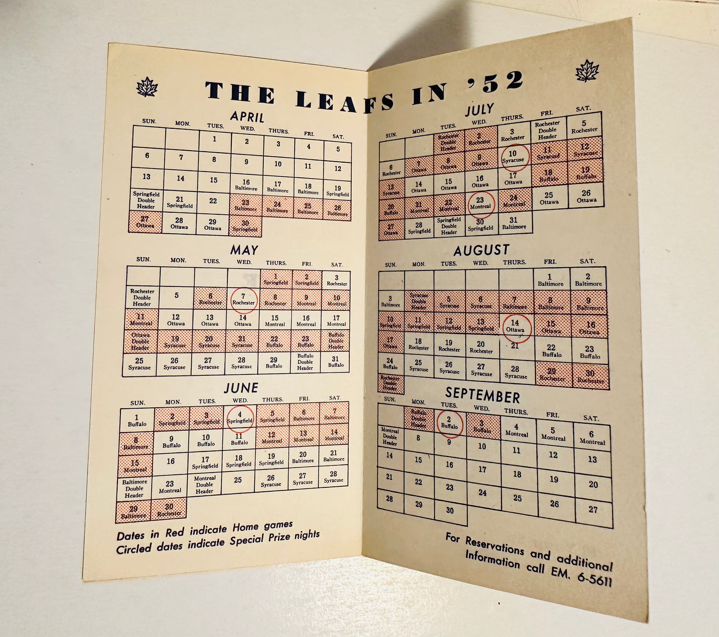 Toronto Maple Leafs baseball rare schedule 1952