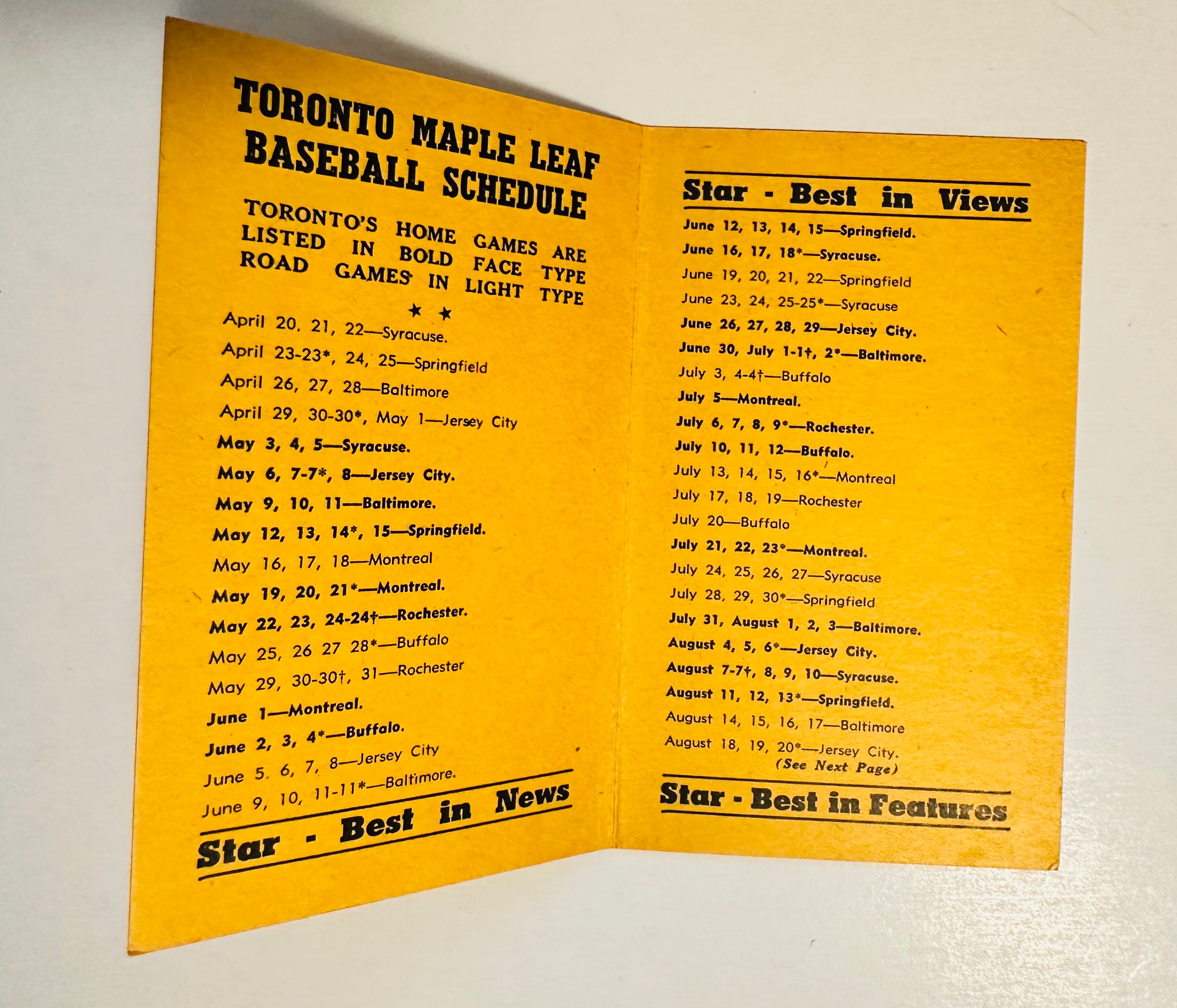 ￼ Toronto Maple Leafs baseball, rare schedule 1950