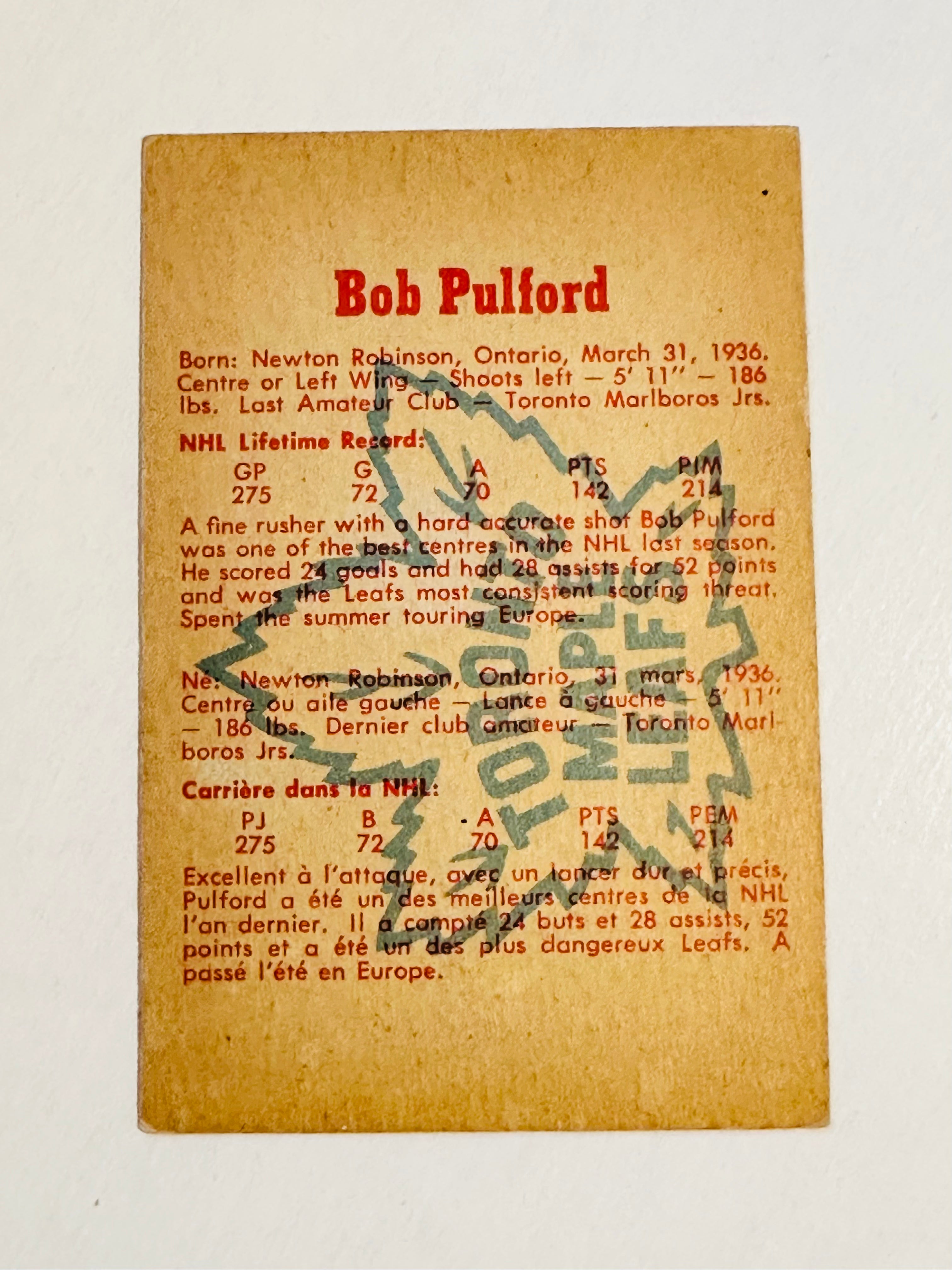 Toronto Maple Leafs Parkhurst Bob Pulford signed hockey card with COA 1960