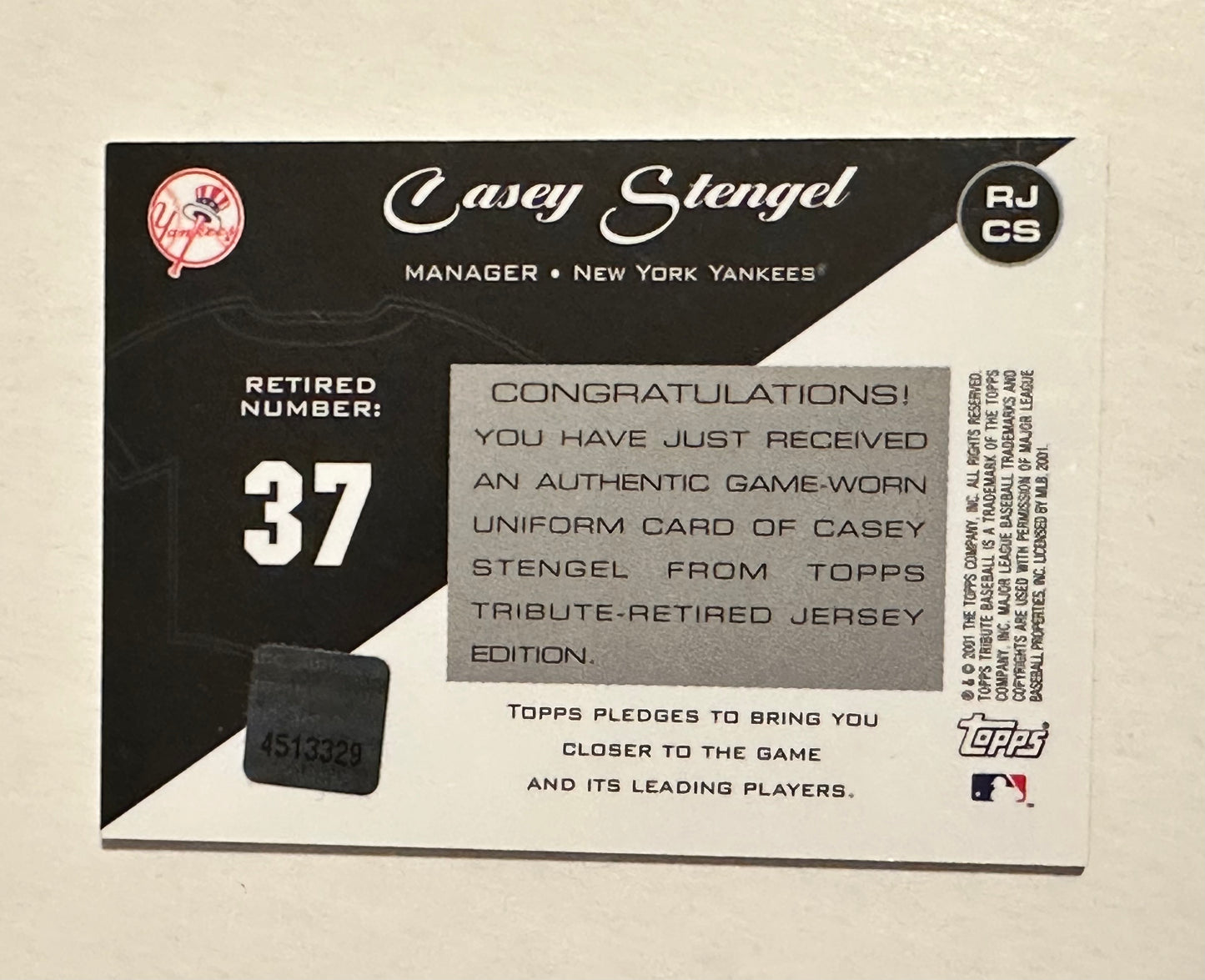 New York Yankees, Casey, Stangel memorabilia insert baseball card