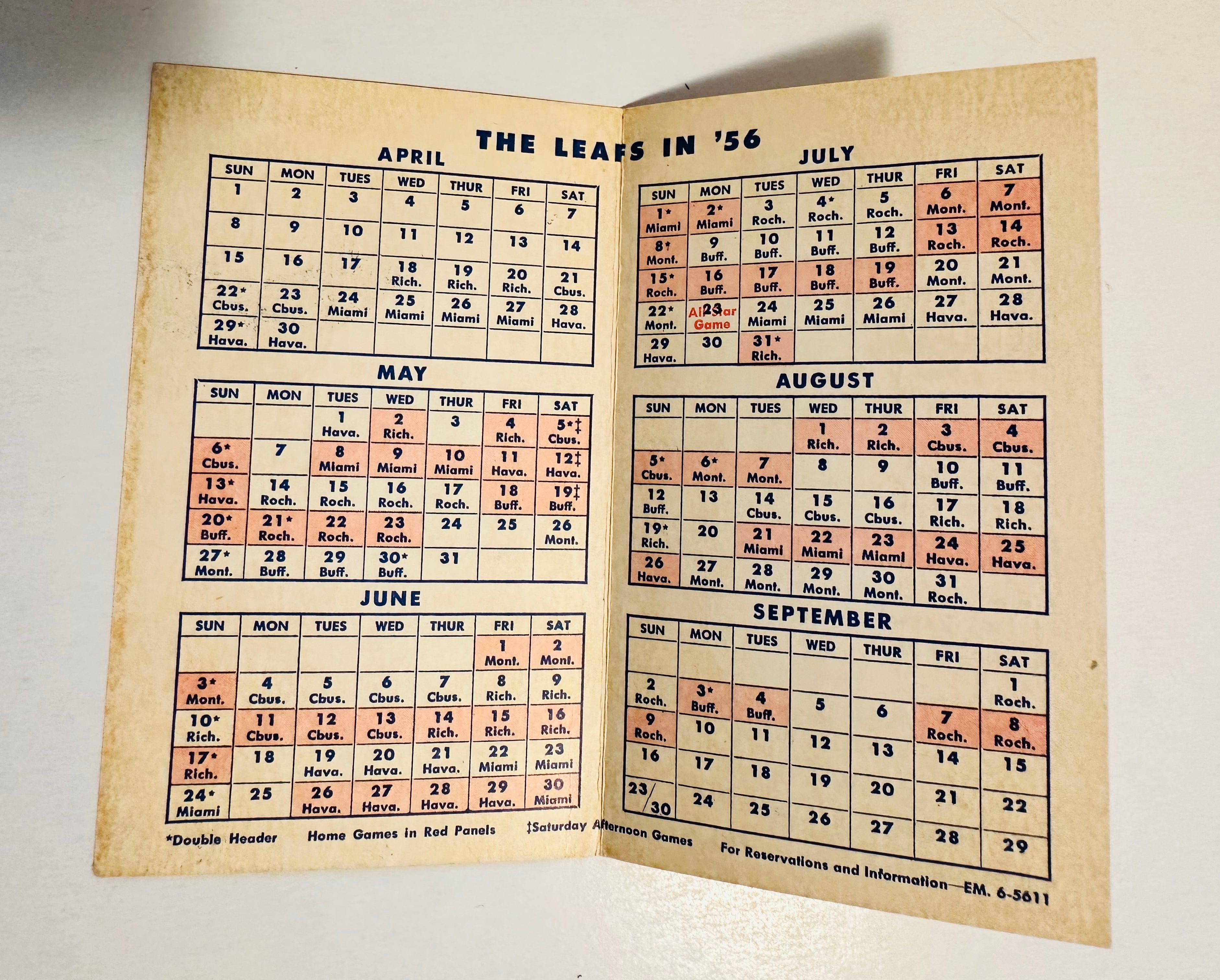 Toronto Maple Leafs baseball rare schedule 1956