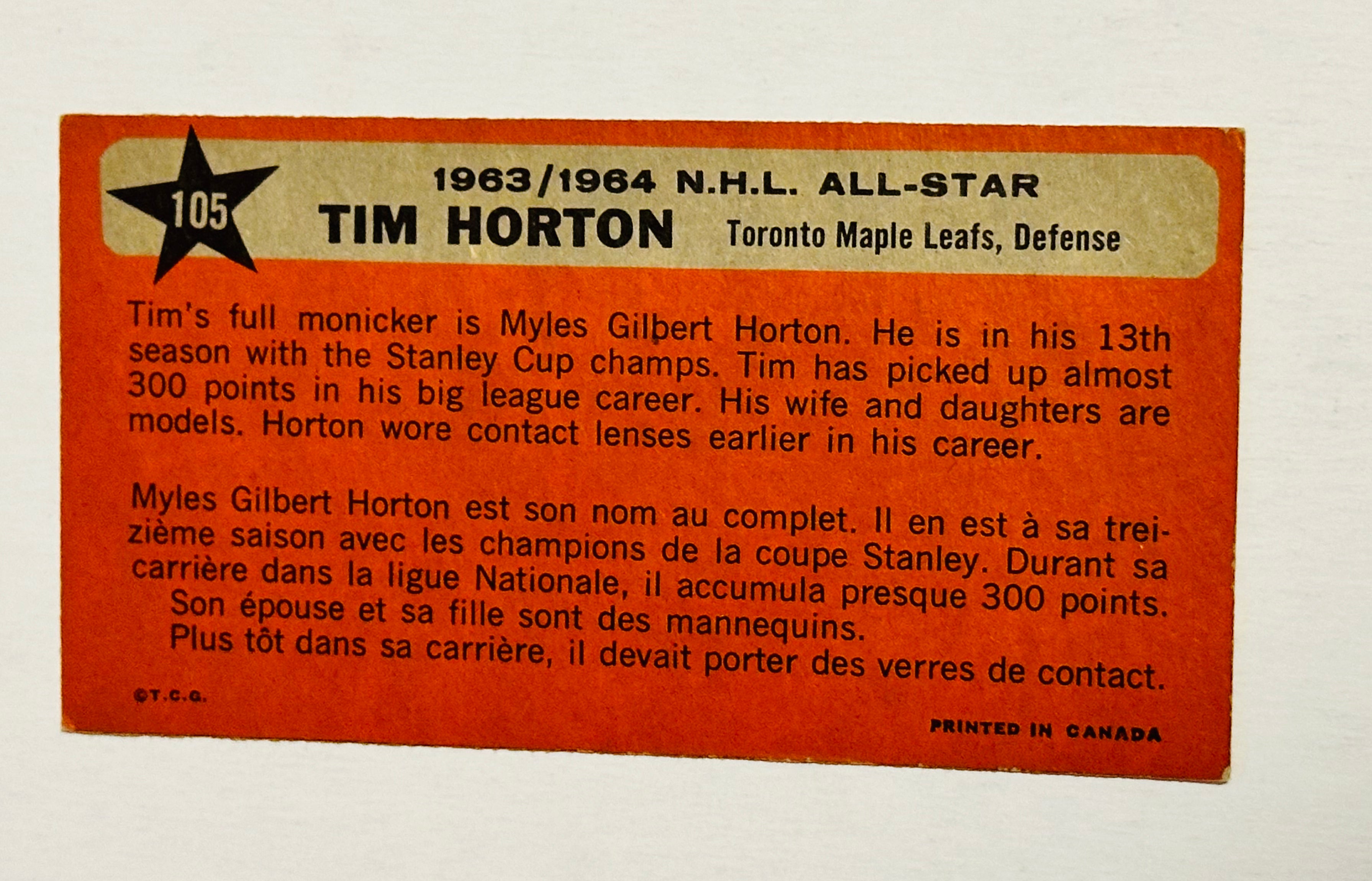 Tim Horton Topps “tallboy” rare All-Star hockey card vg-ex 1964
