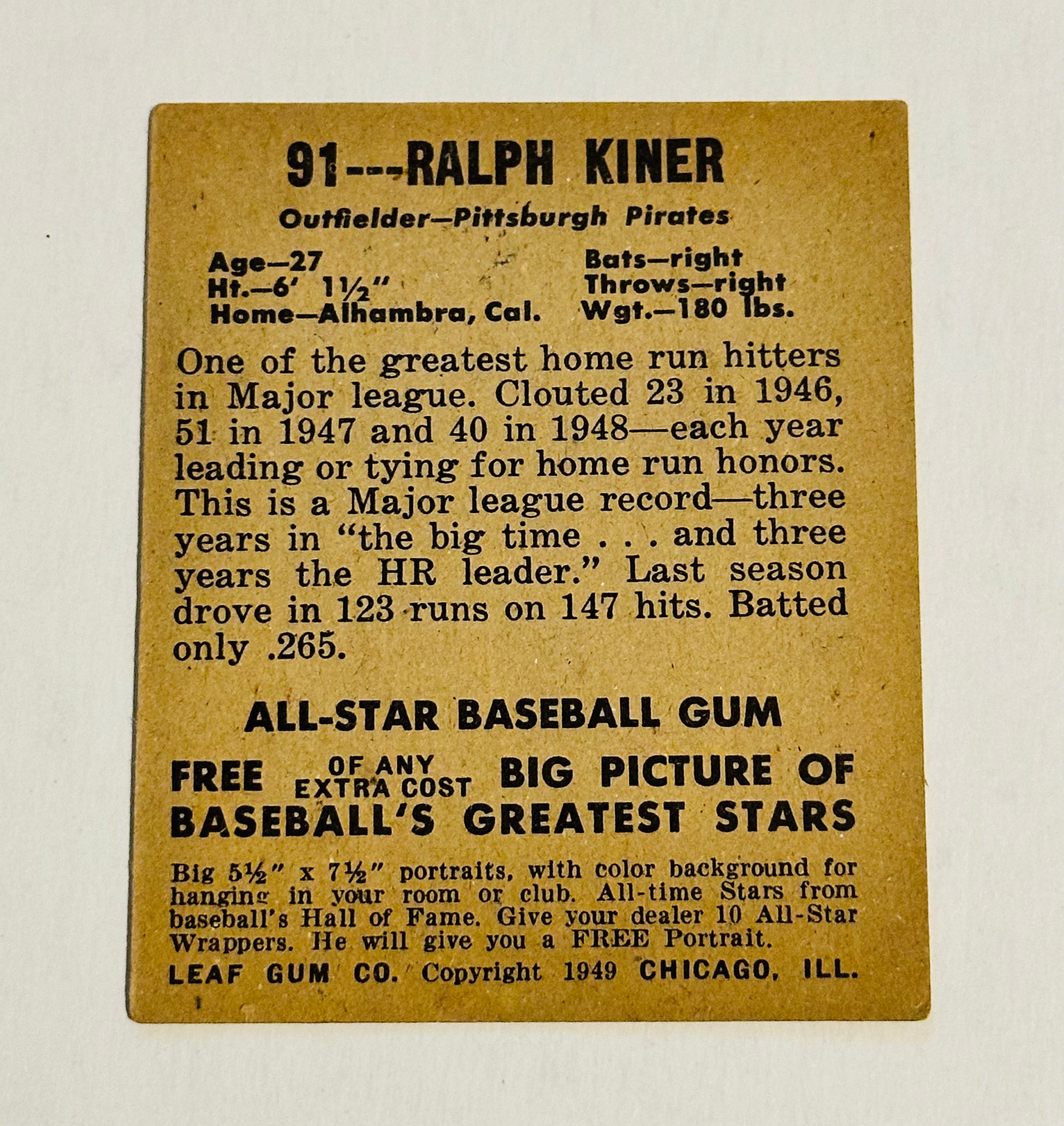 1949 Leaf Ralph Kiner rookie baseball ex condition rare card