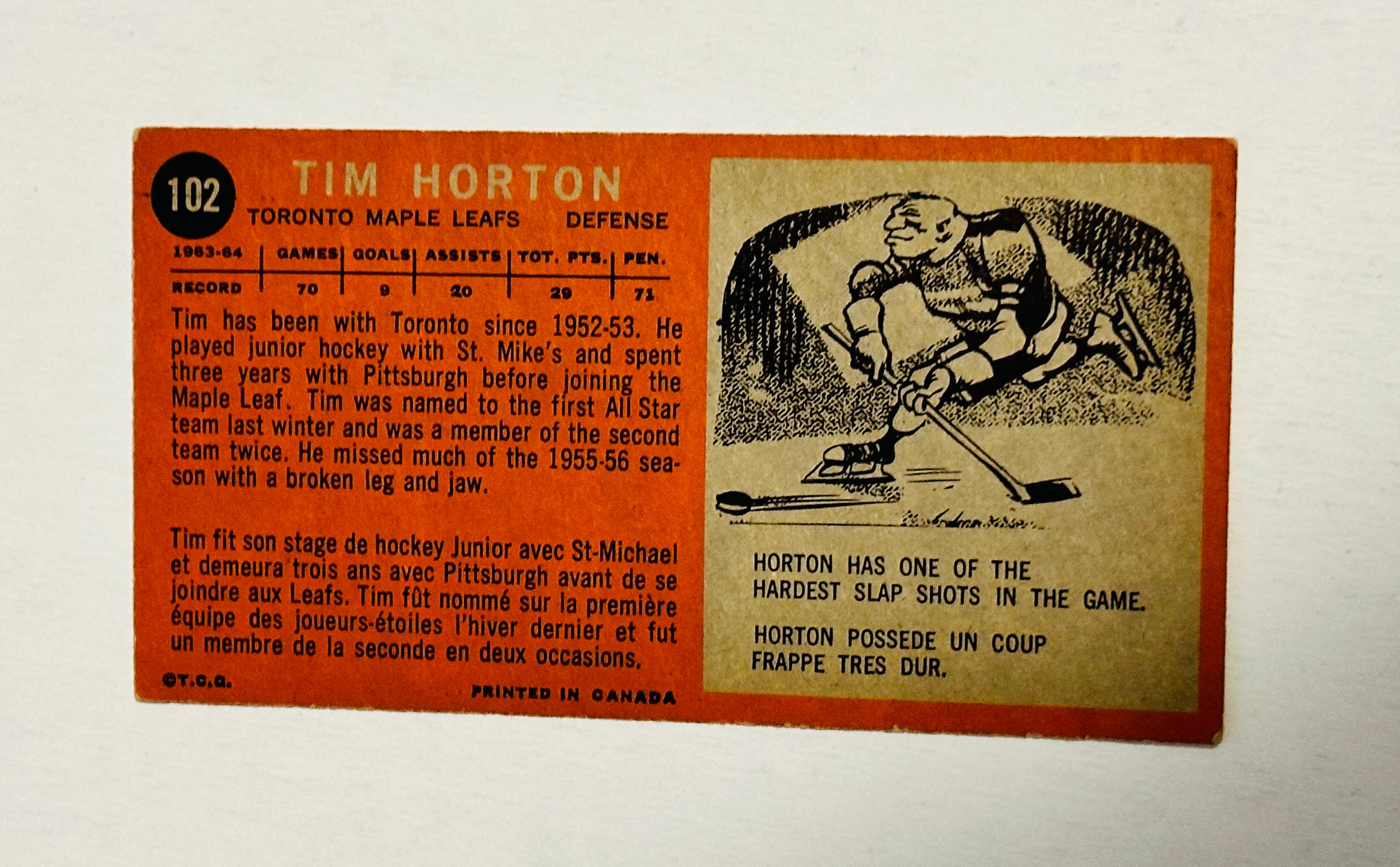 Tim Horton Topps rare “tallboy” hockey card 1964