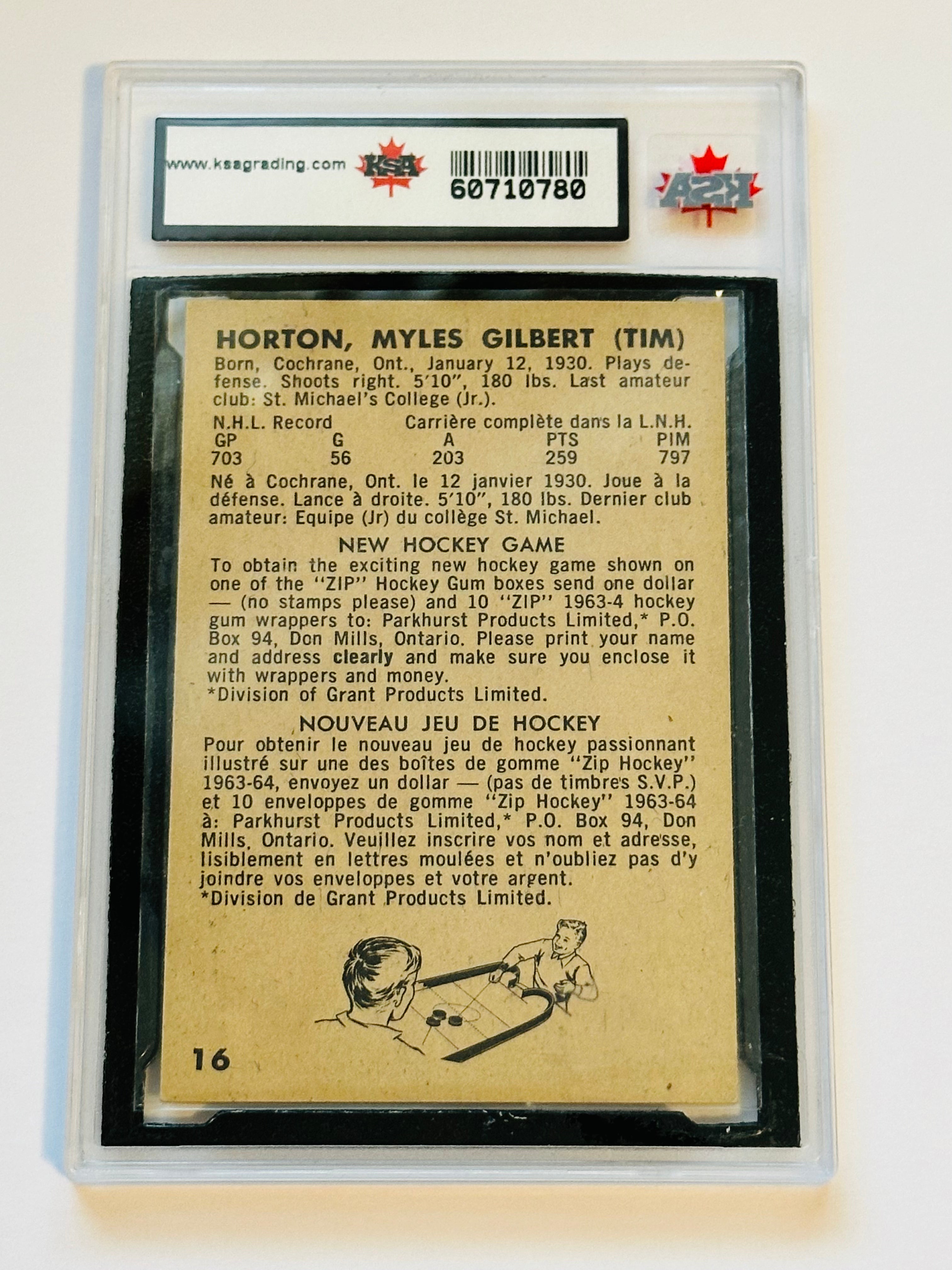 1963-64 Parkhurst Tim Horton rare KSA 7 high graded hockey card