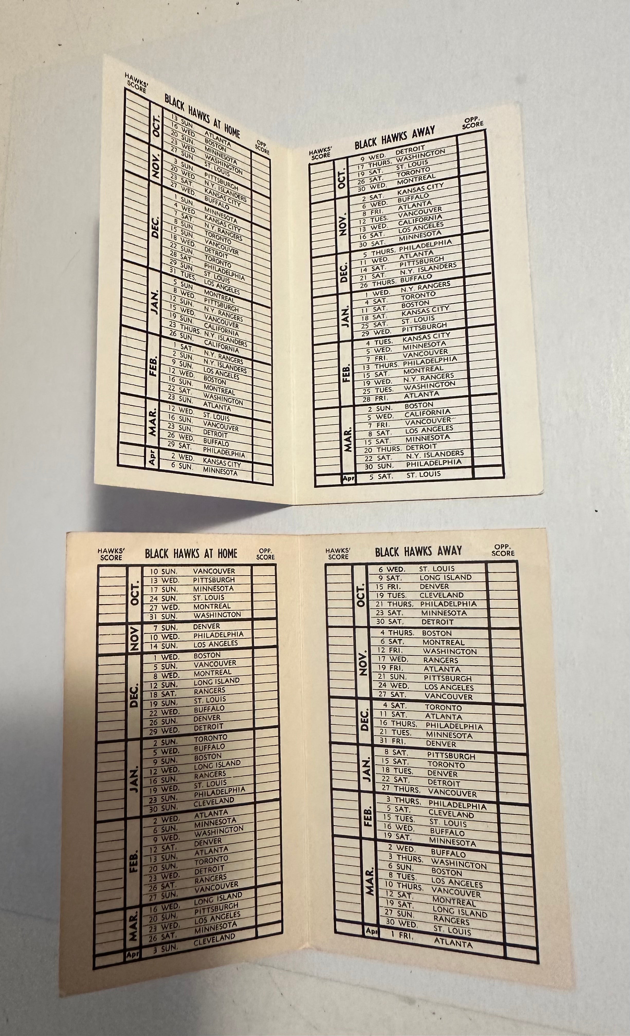 Chicago Blackhawks hockey two vintage game schedules 1970s