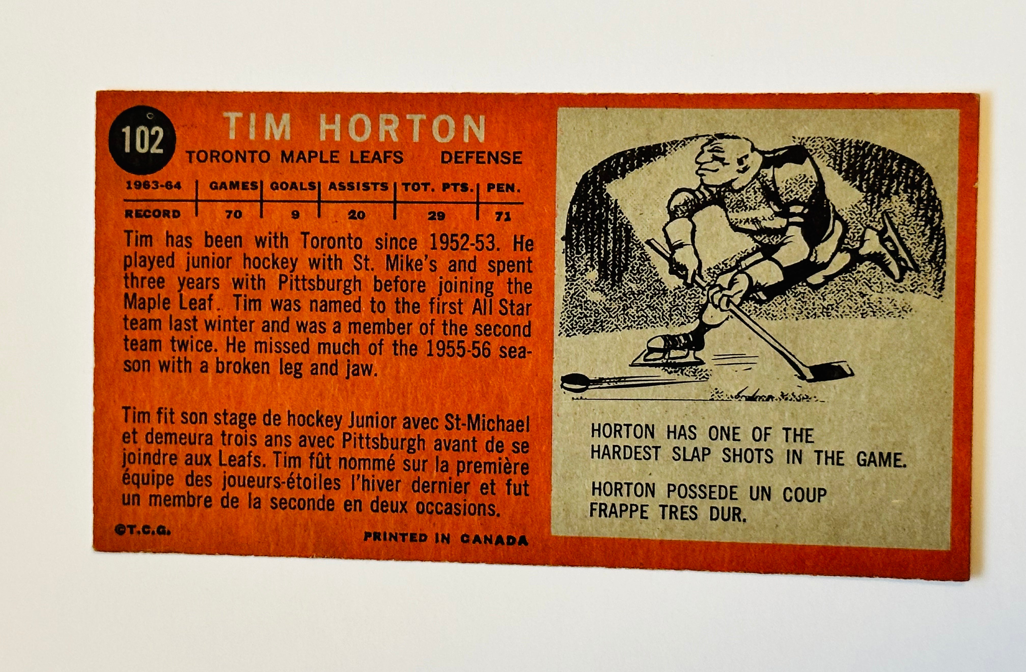 Tim Horton Topps high grade ex-nm condition hockey card 1964