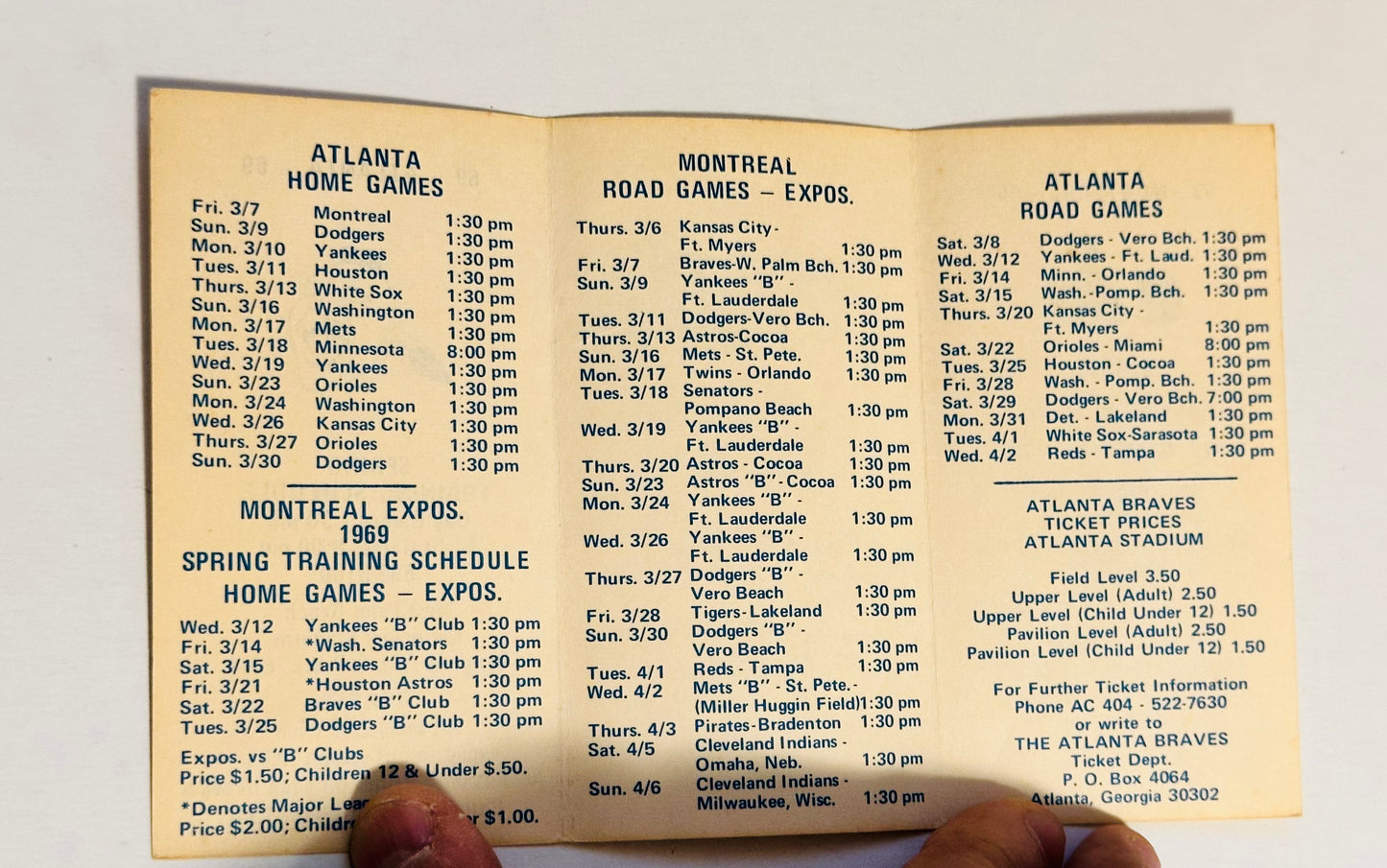 Montreal expos, rare inaugural, spring baseball schedule with Cleveland Indians, 1969