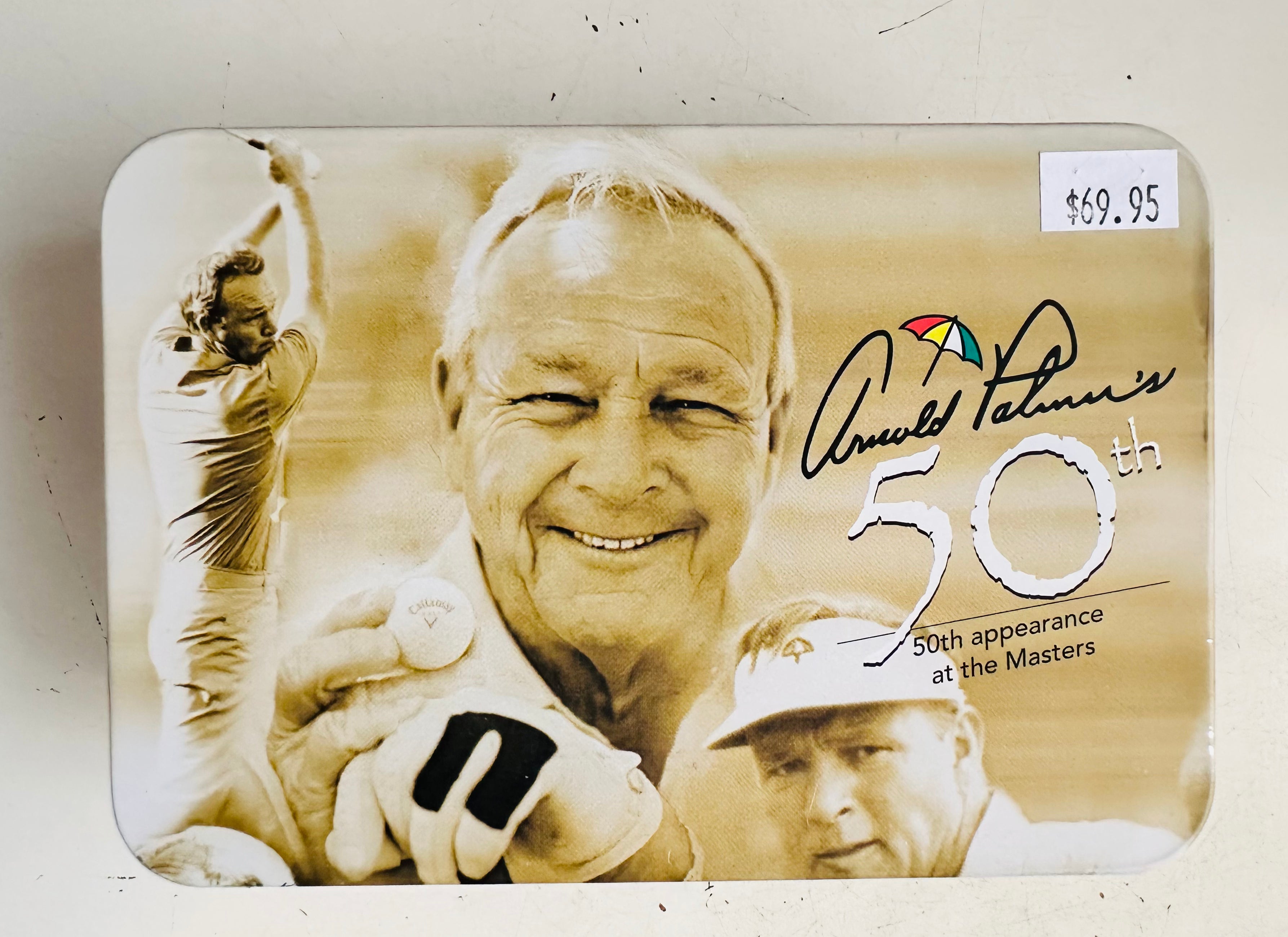 Golf Legend Arnold Palmer 50th Masters limited issued golf balls and coin tin.