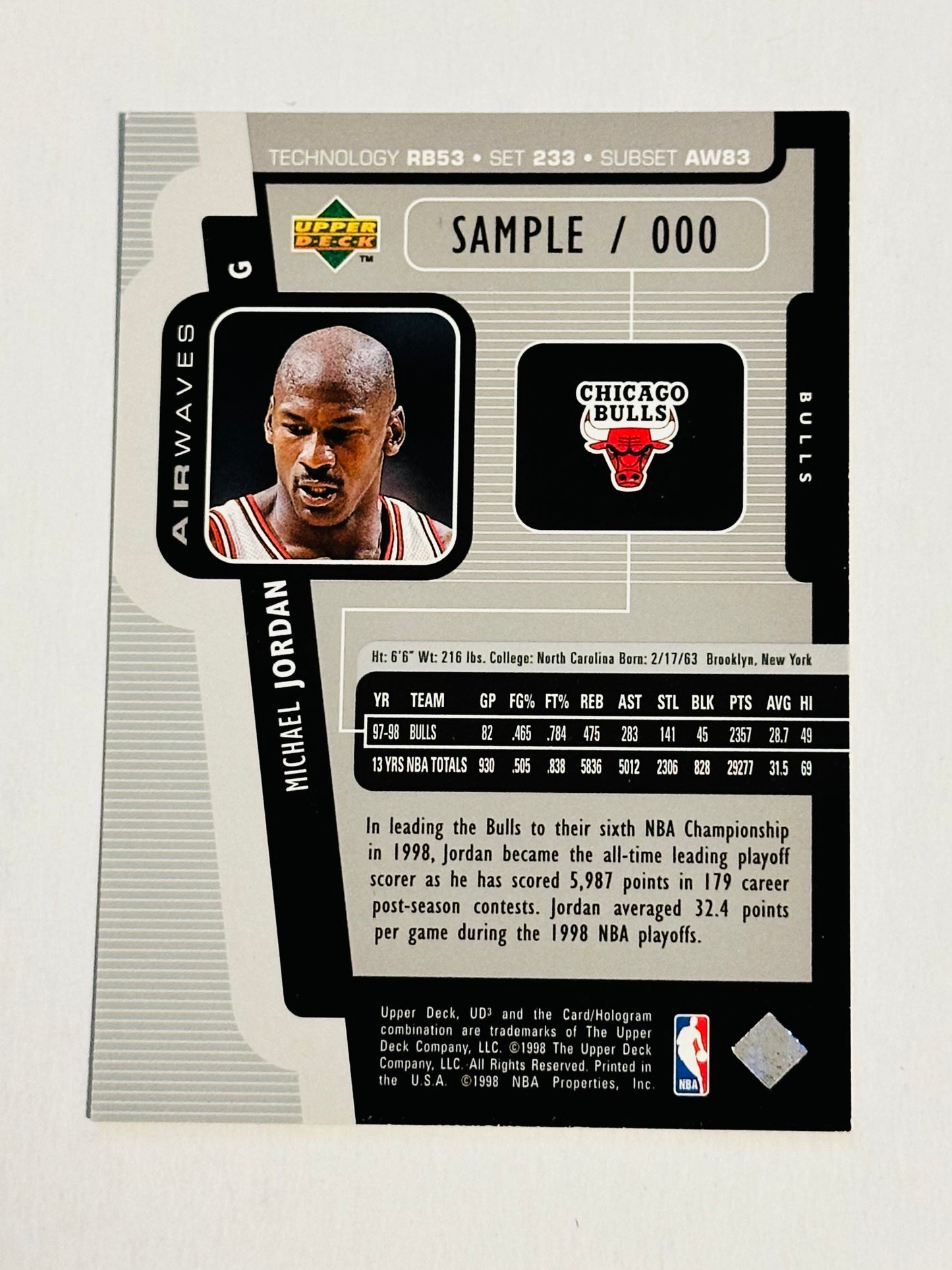 Michael Jordan UD3 Upper Deck rare sample #000 high grade condition foil basketball card 1998