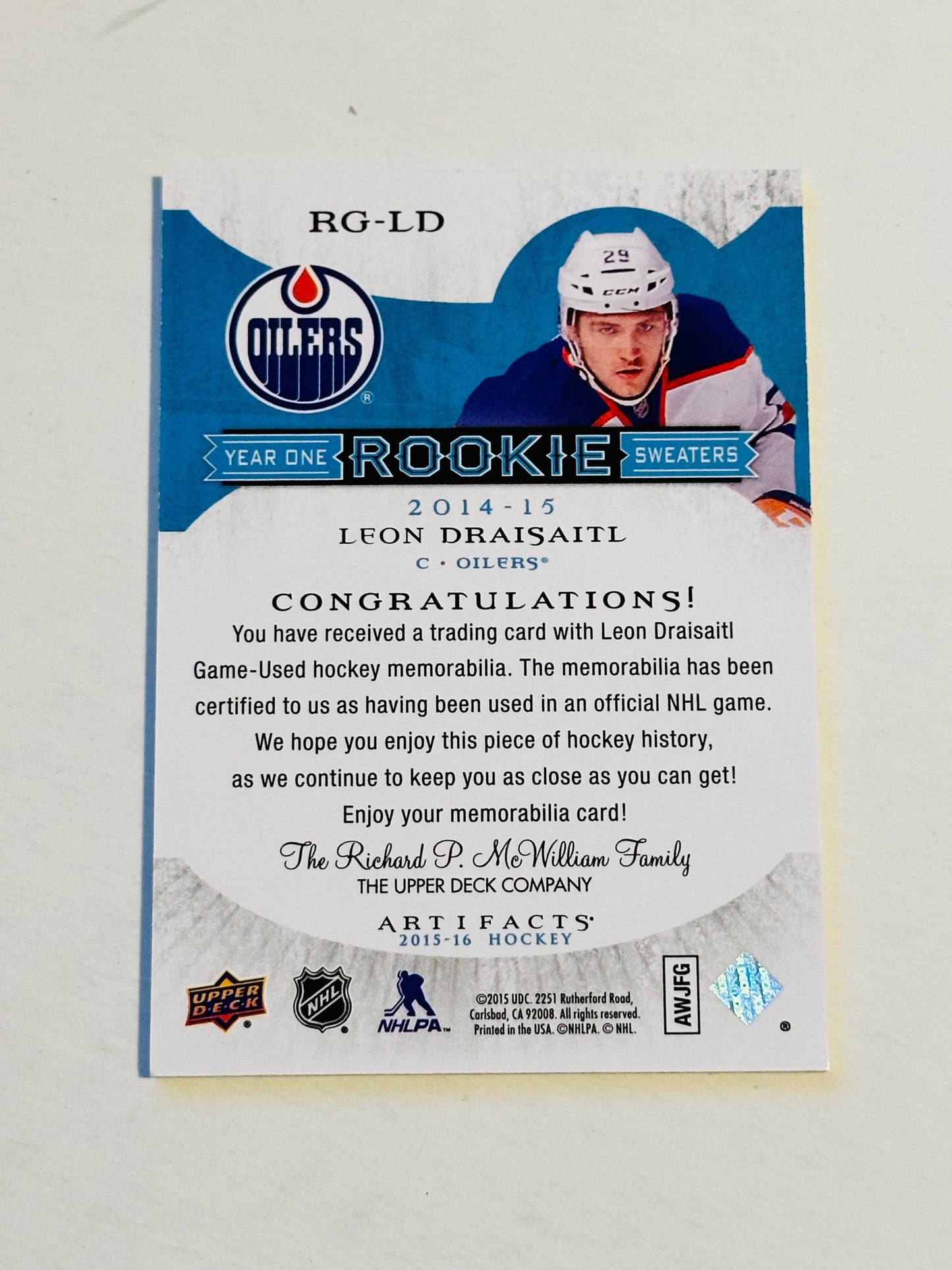 Leon Draisaitl rare Upper Deck artifacts hockey memorabilia insert card