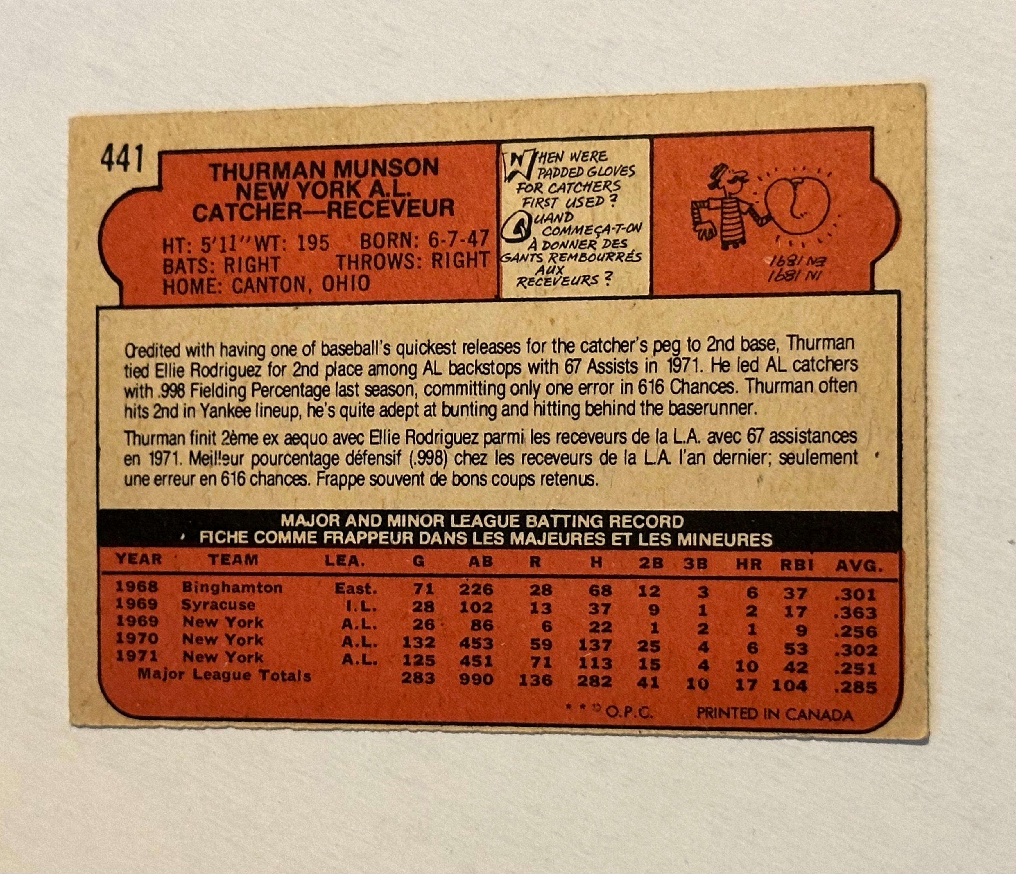 Thurman Munson Opc rare Canadian version ex condition baseball card 1972