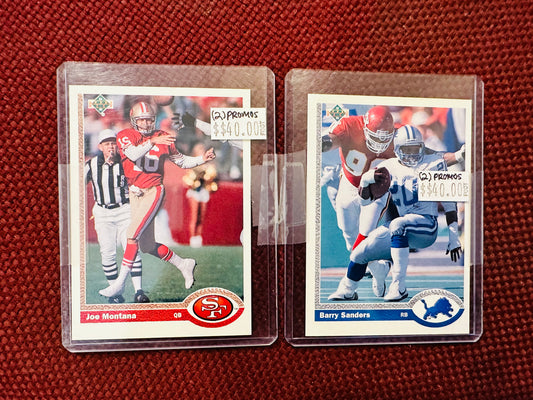 Joe Montana and Barry Sanders rare Upper Deck promo cards 1990-91