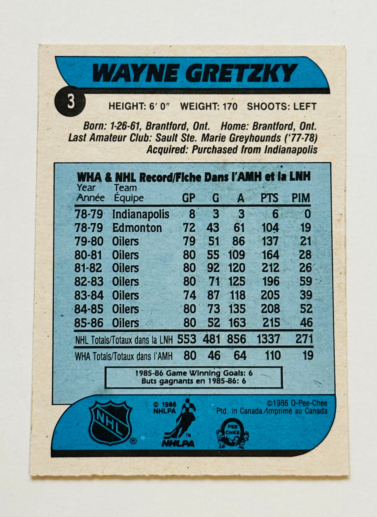 Wayne Gretzky Opc high grade condition hockey card 1986-87