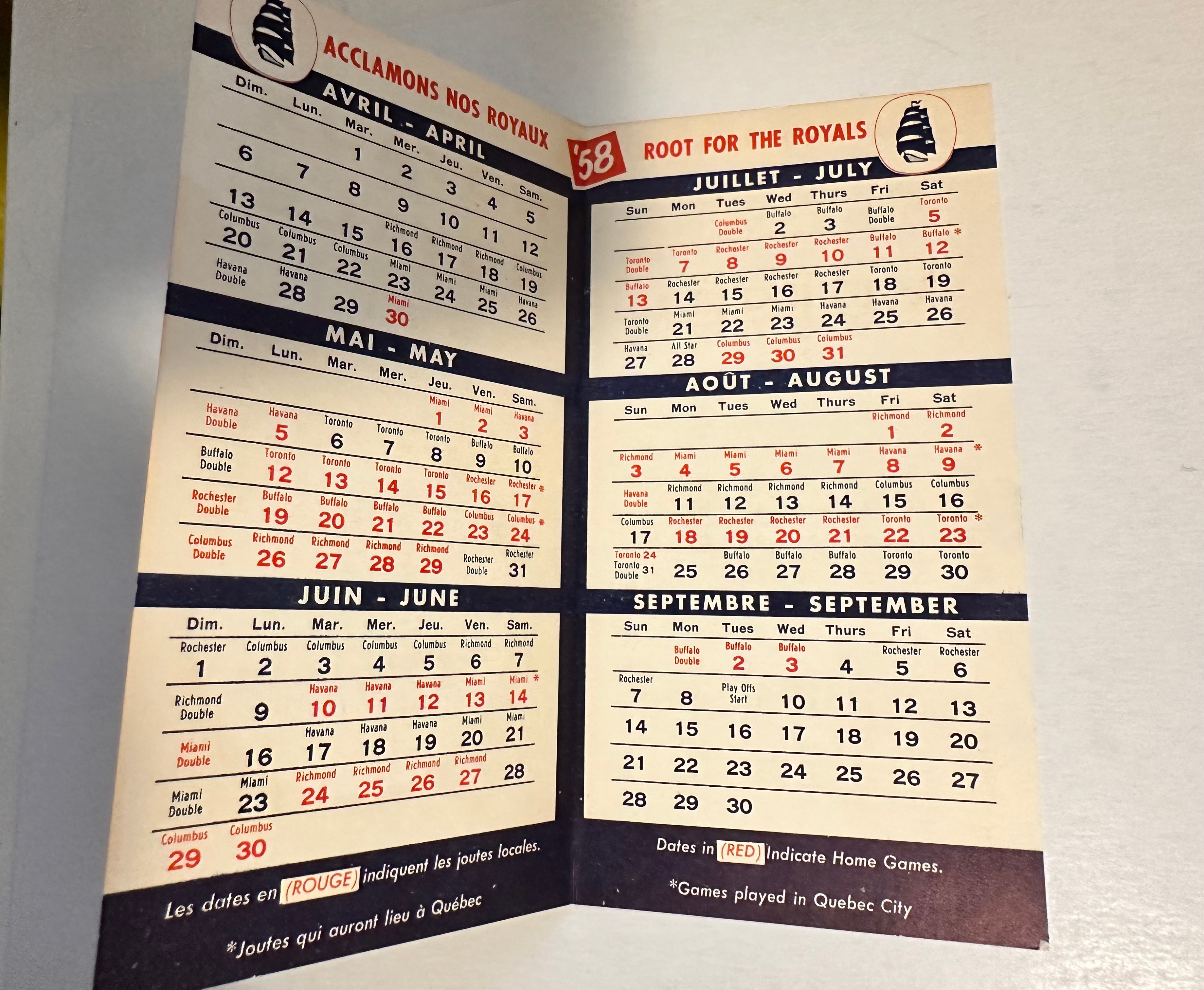 Montreal Royals baseball rare schedule 1958