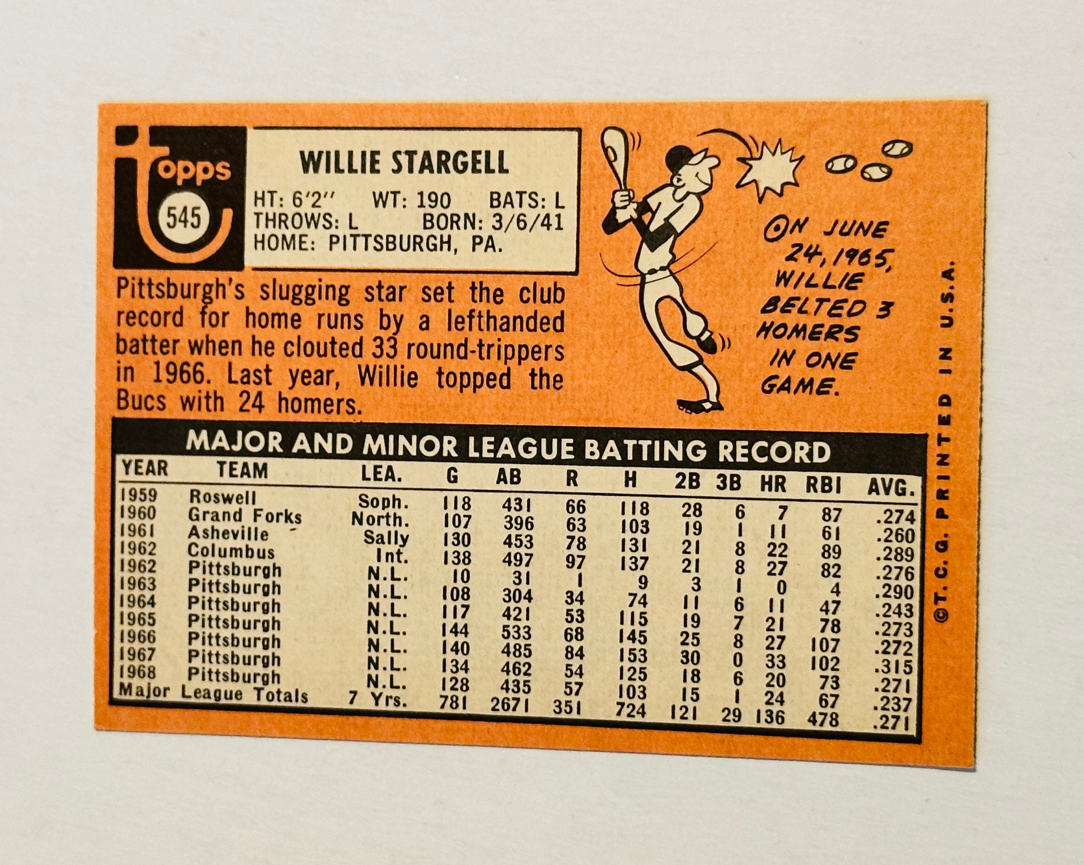 1969 Willie Stargell high grade ex-nm condition baseball card
