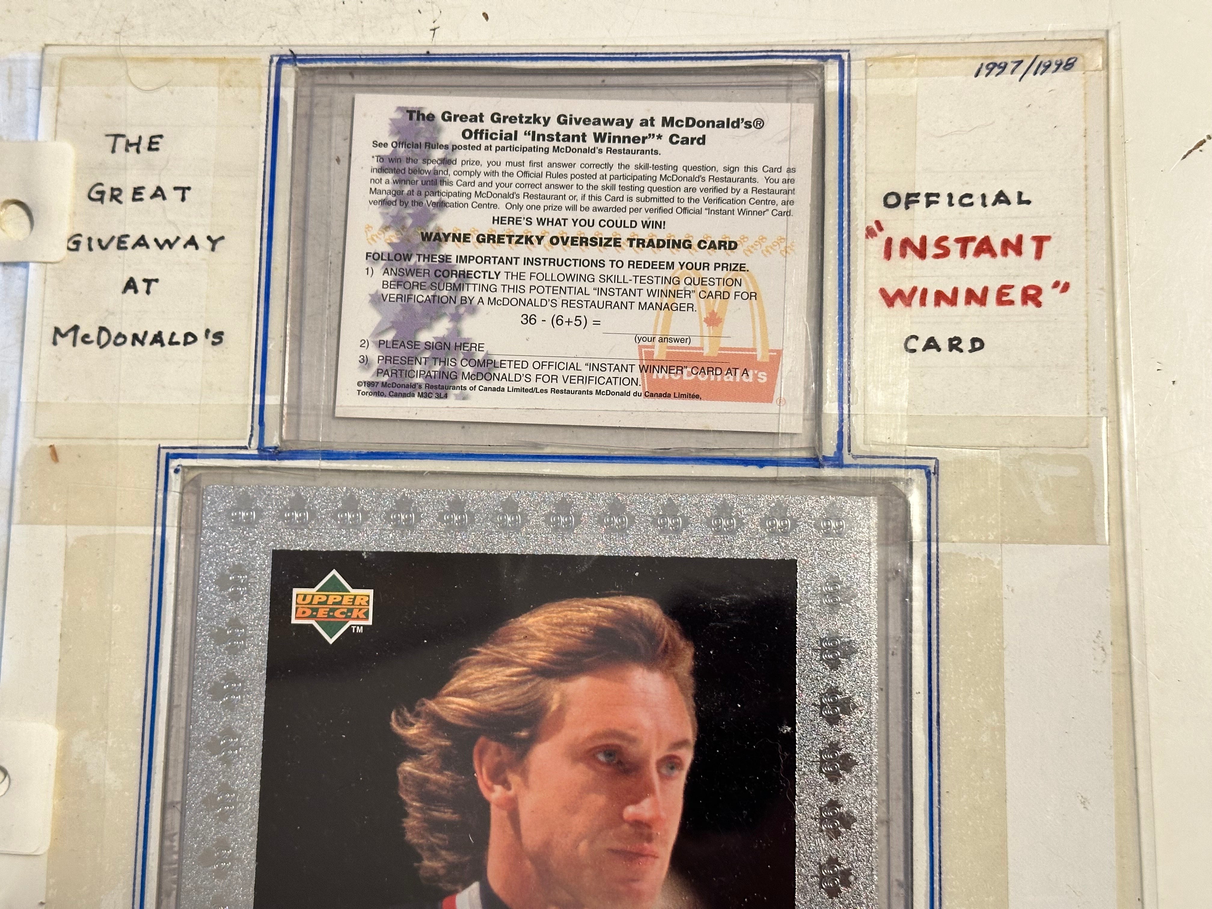 Wayne Gretzky large Mcdonalds instant winner hockey card with redemption card 1997