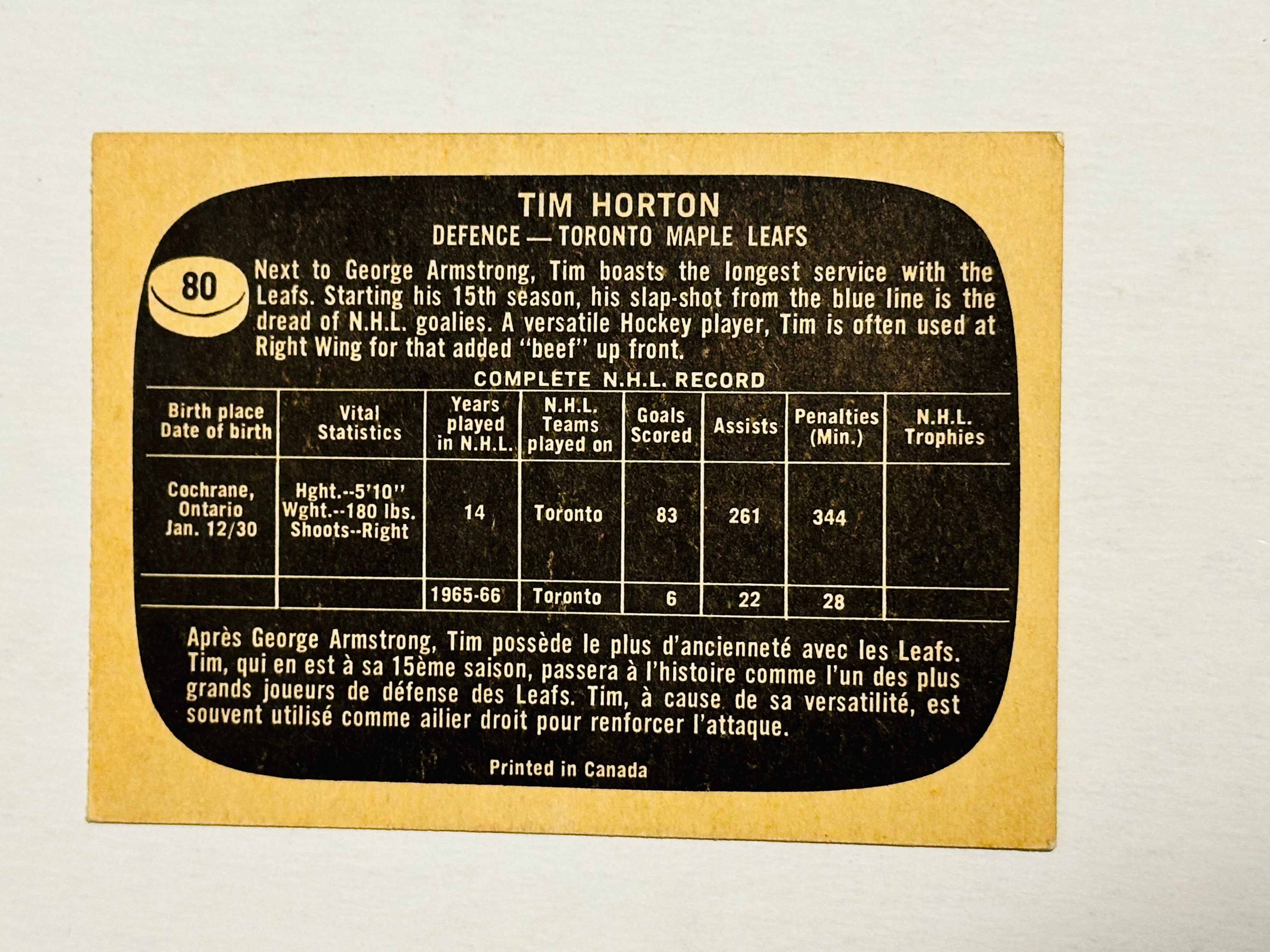Tim Horton original vintage Topps hockey card 1966