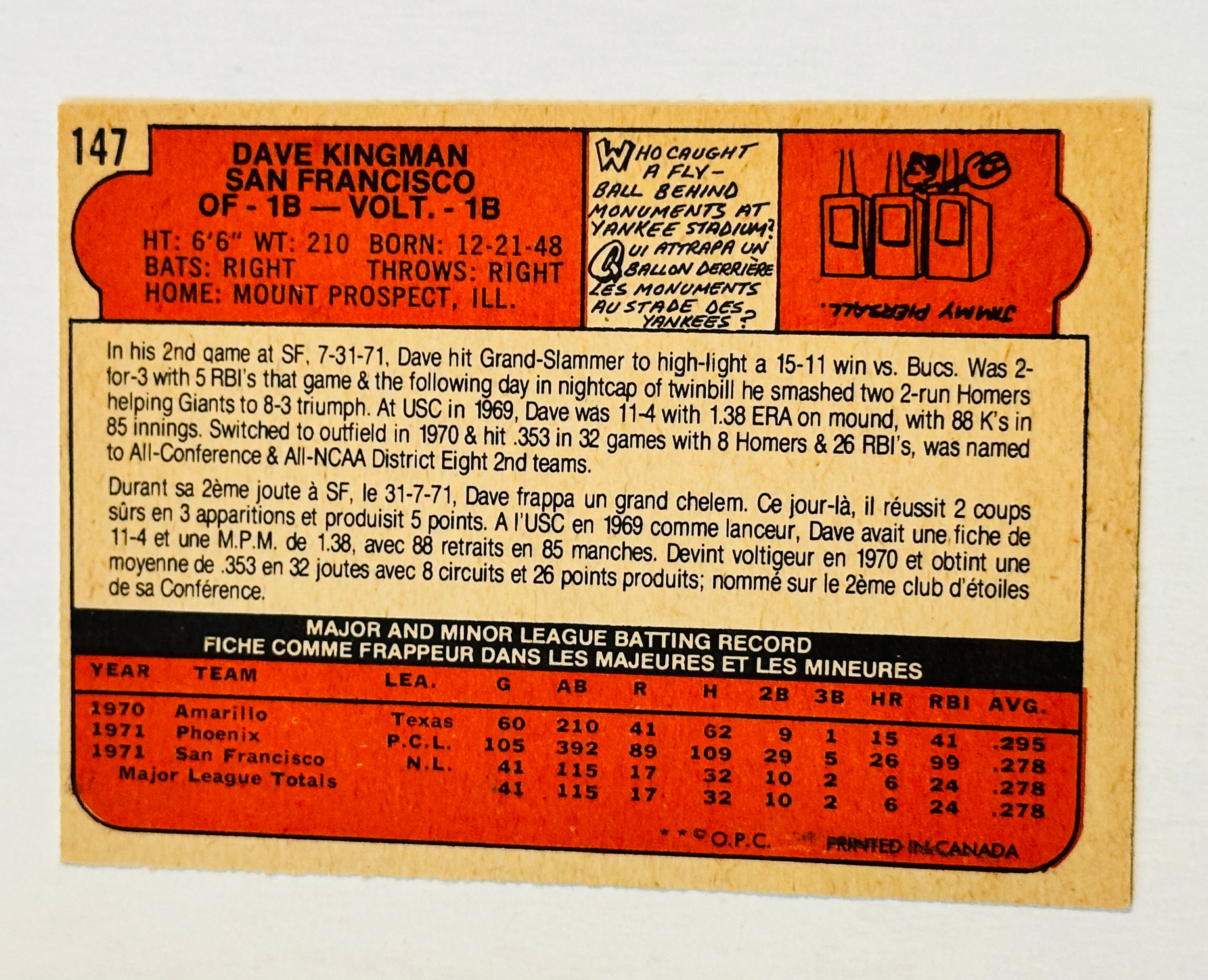 Dave Kingman opc rare Canadian version Ex condition rookie baseball card 1968