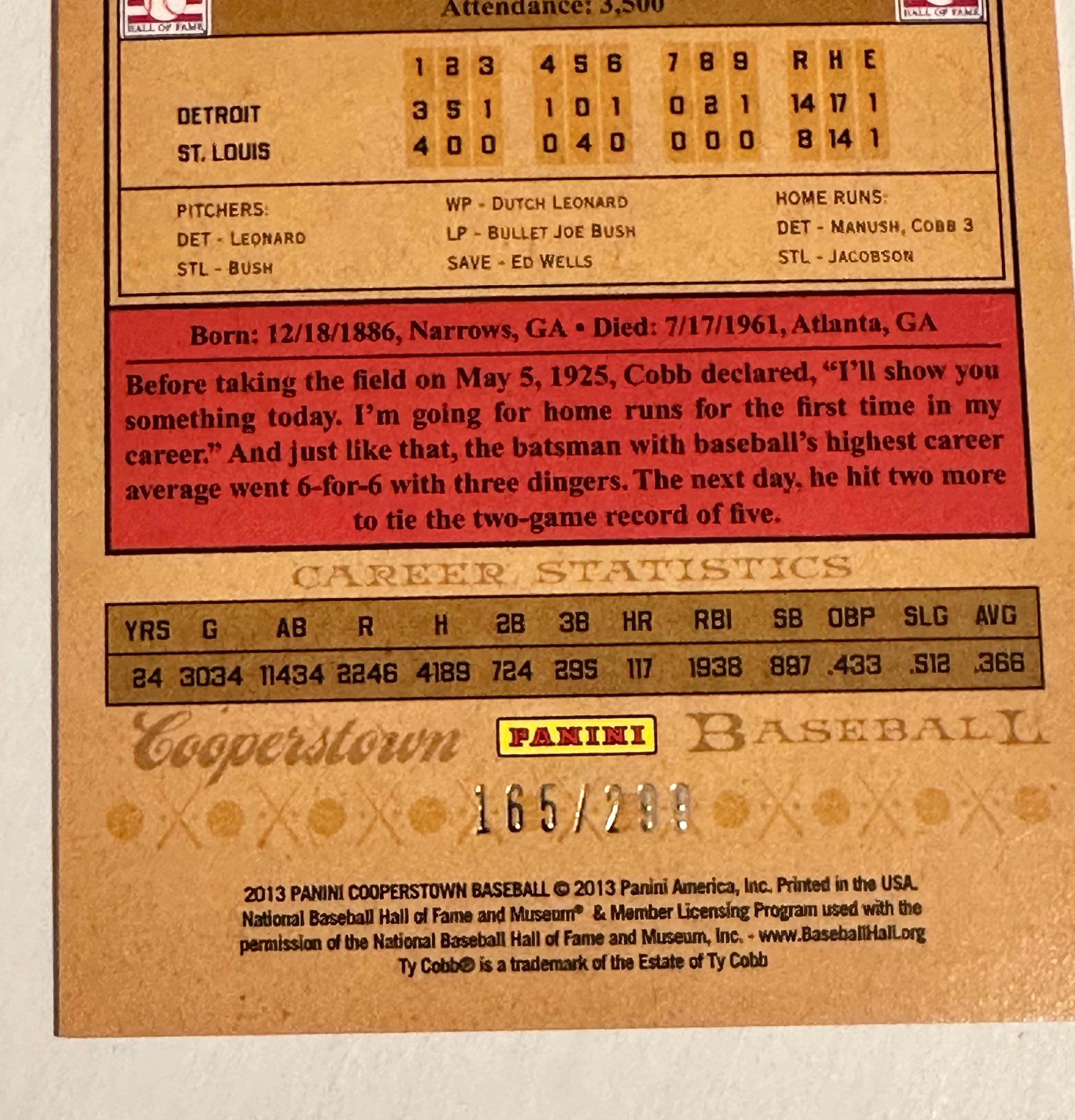 Ty Cobb Panini numbered baseball insert card